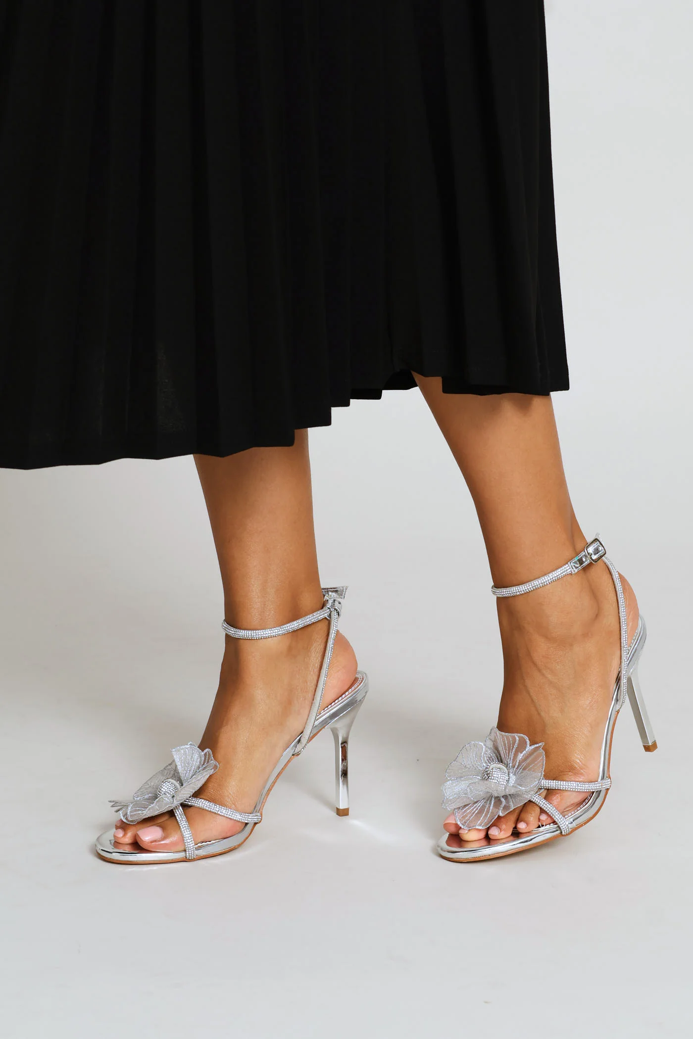 Flower & Diamante Stiletto Heel - Silver - Image 3