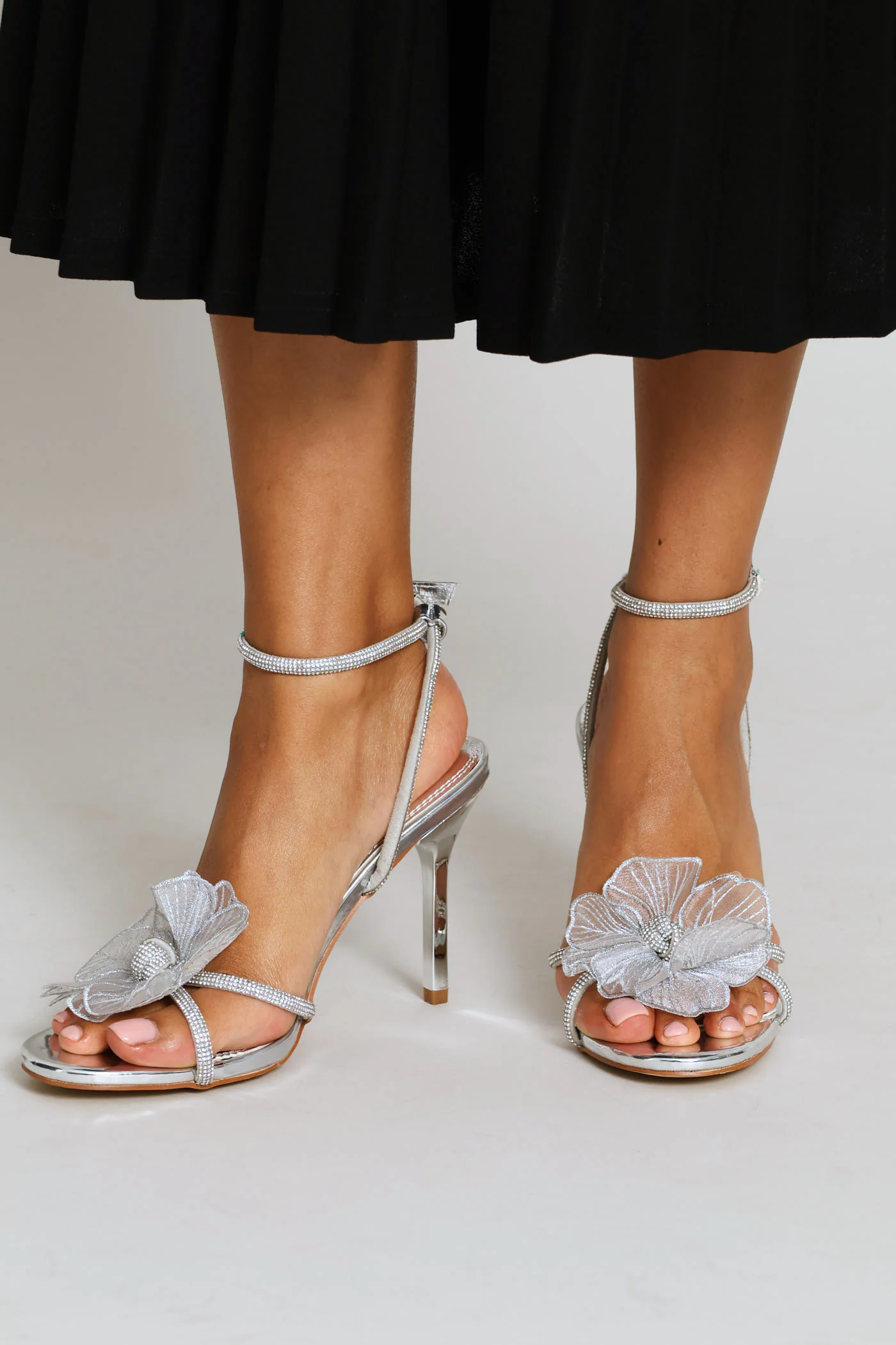 Flower & Diamante Stiletto Heel - Silver - Image 5