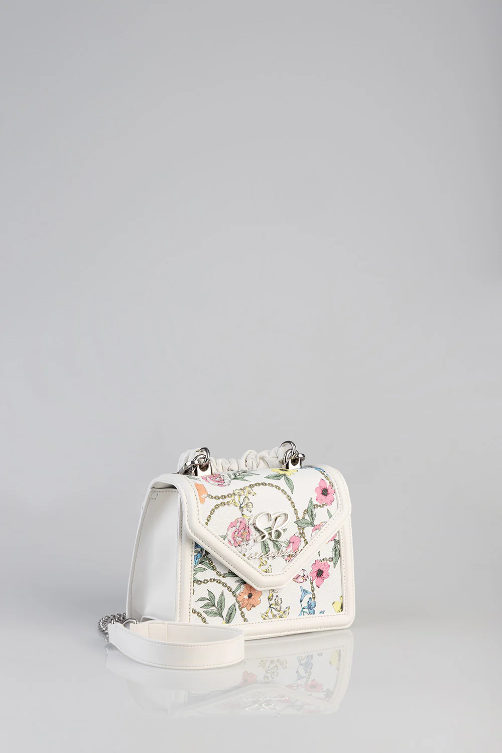 Flower Denim Print Bag With Pom Pom Handle - White - Image 2