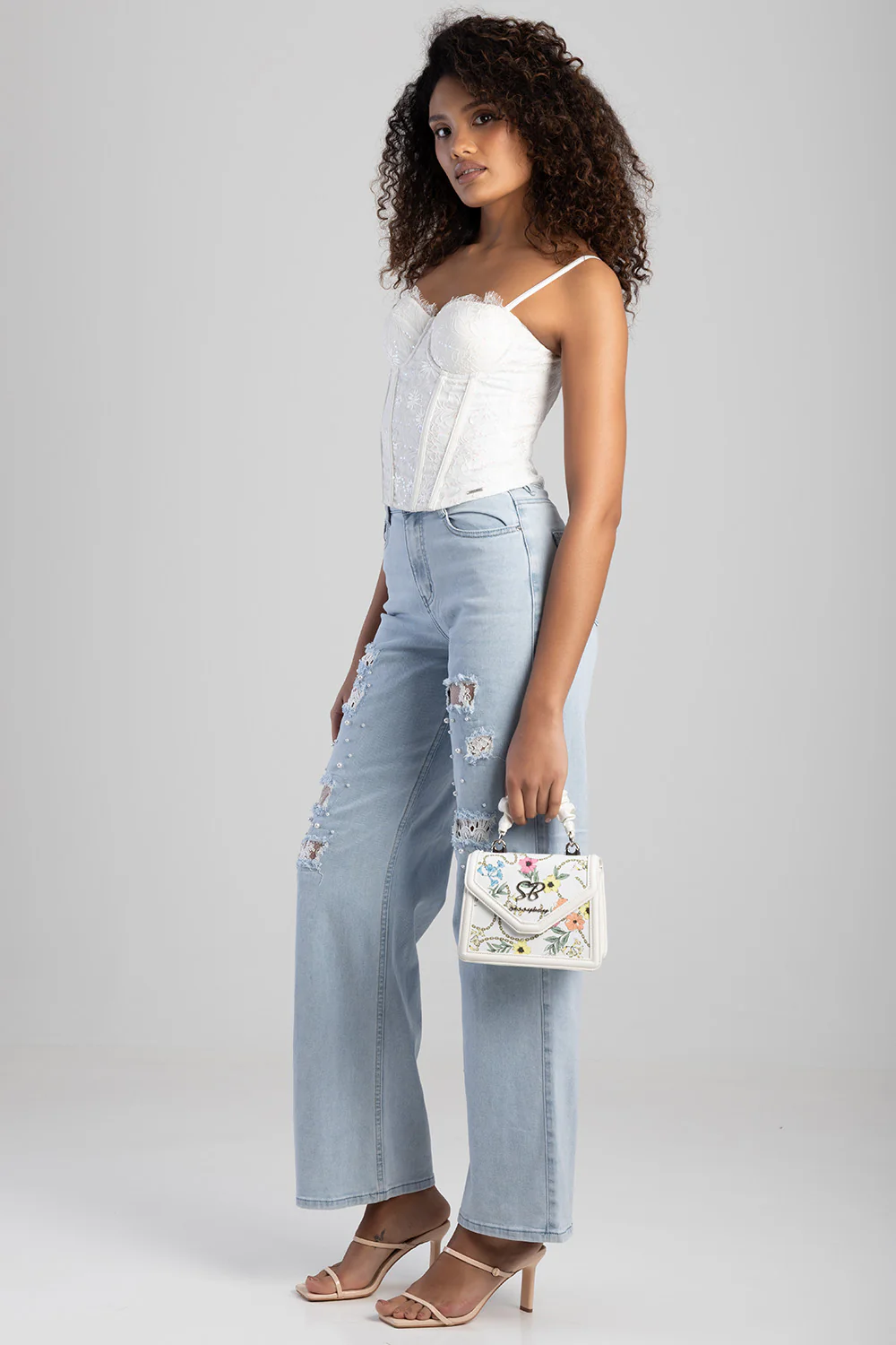 Flower Denim Print Bag With Pom Pom Handle - White - Image 3