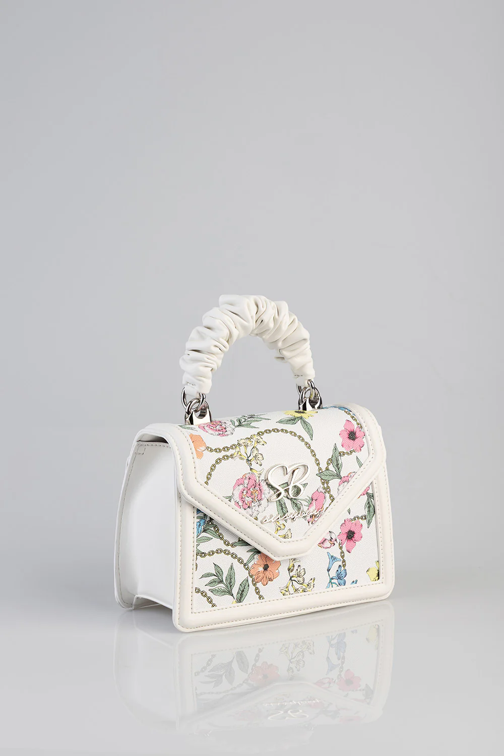 Flower Denim Print Bag With Pom Pom Handle - White - Image 5