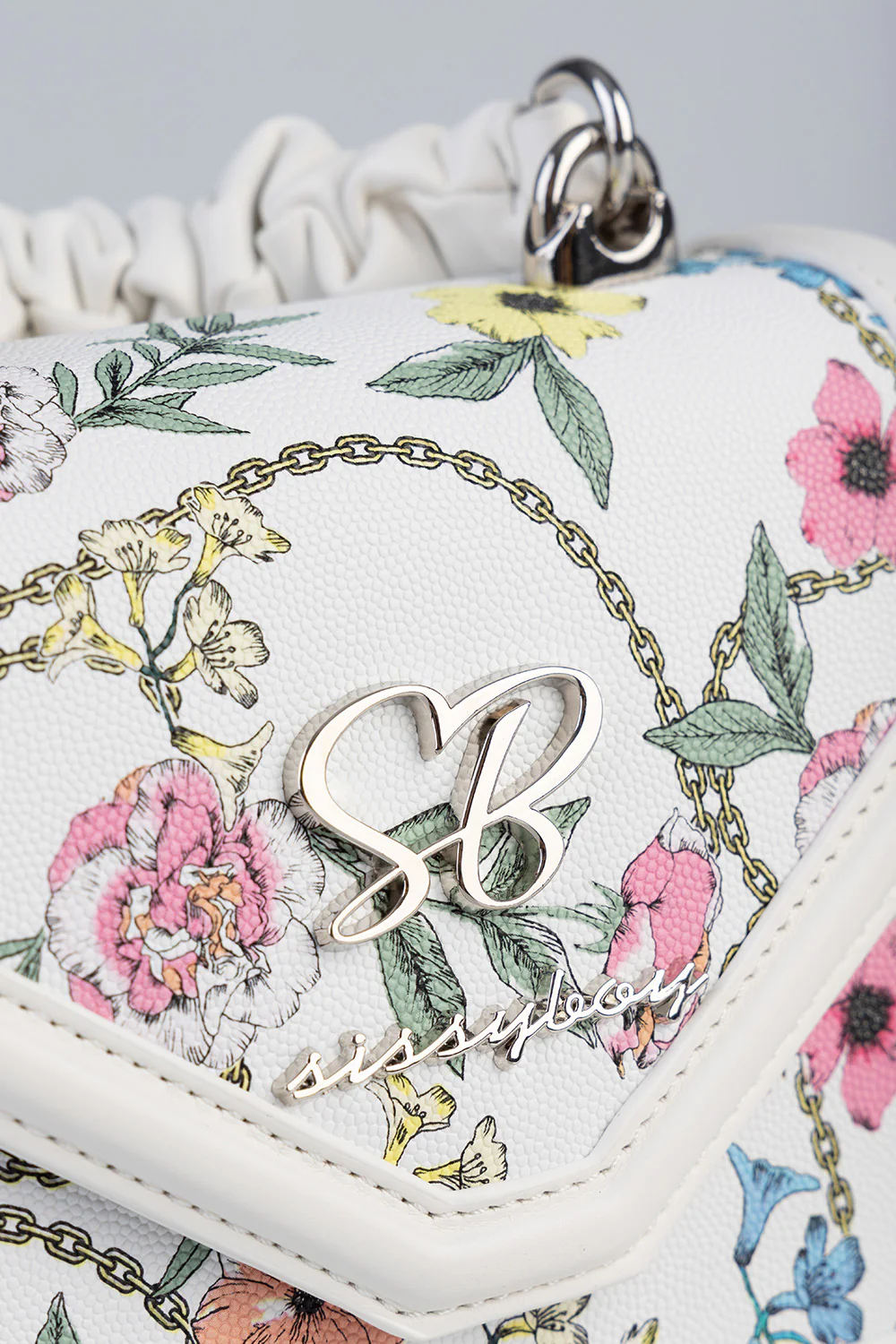 Flower Denim Print Bag With Pom Pom Handle - White - Image 6