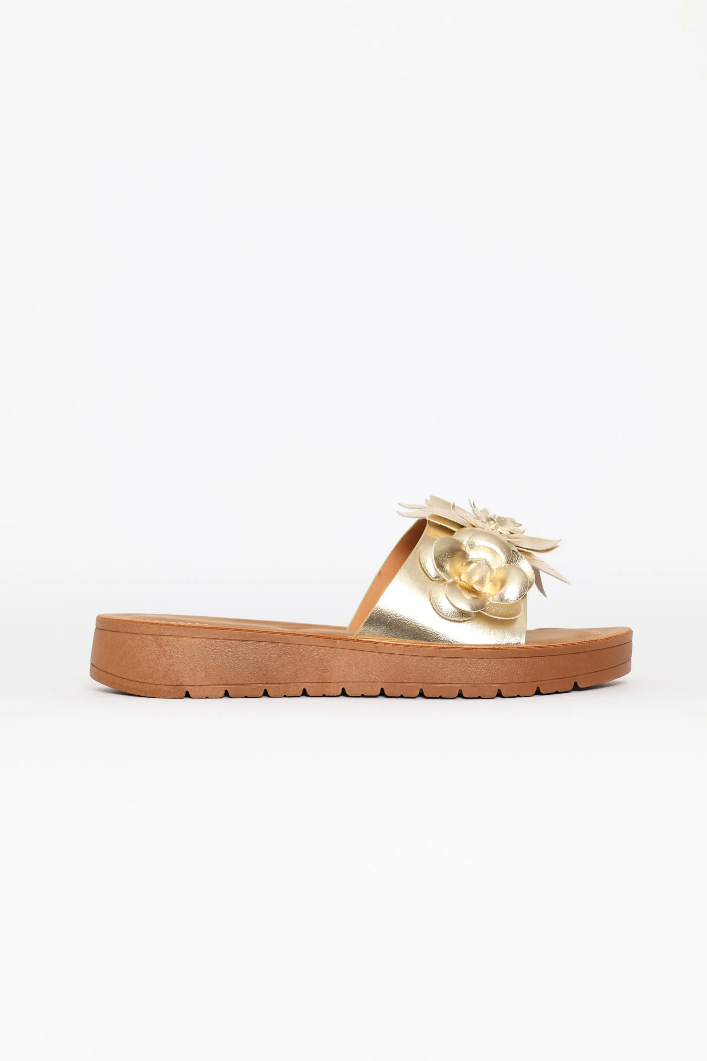 Flower Detail Single Band Sandal On Comfort Outsole - Gold - Image 3