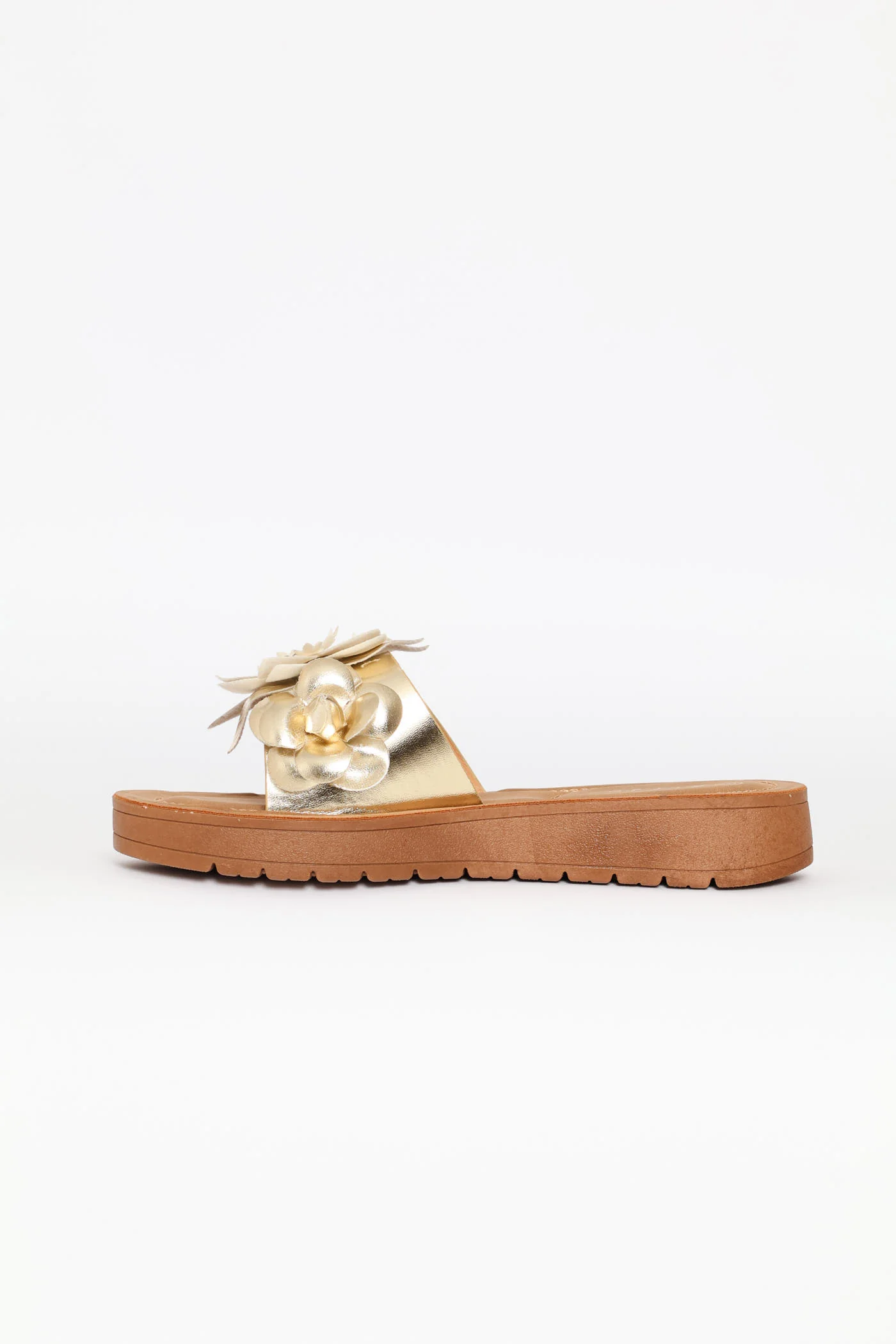 Flower Detail Single Band Sandal On Comfort Outsole - Gold - Image 4