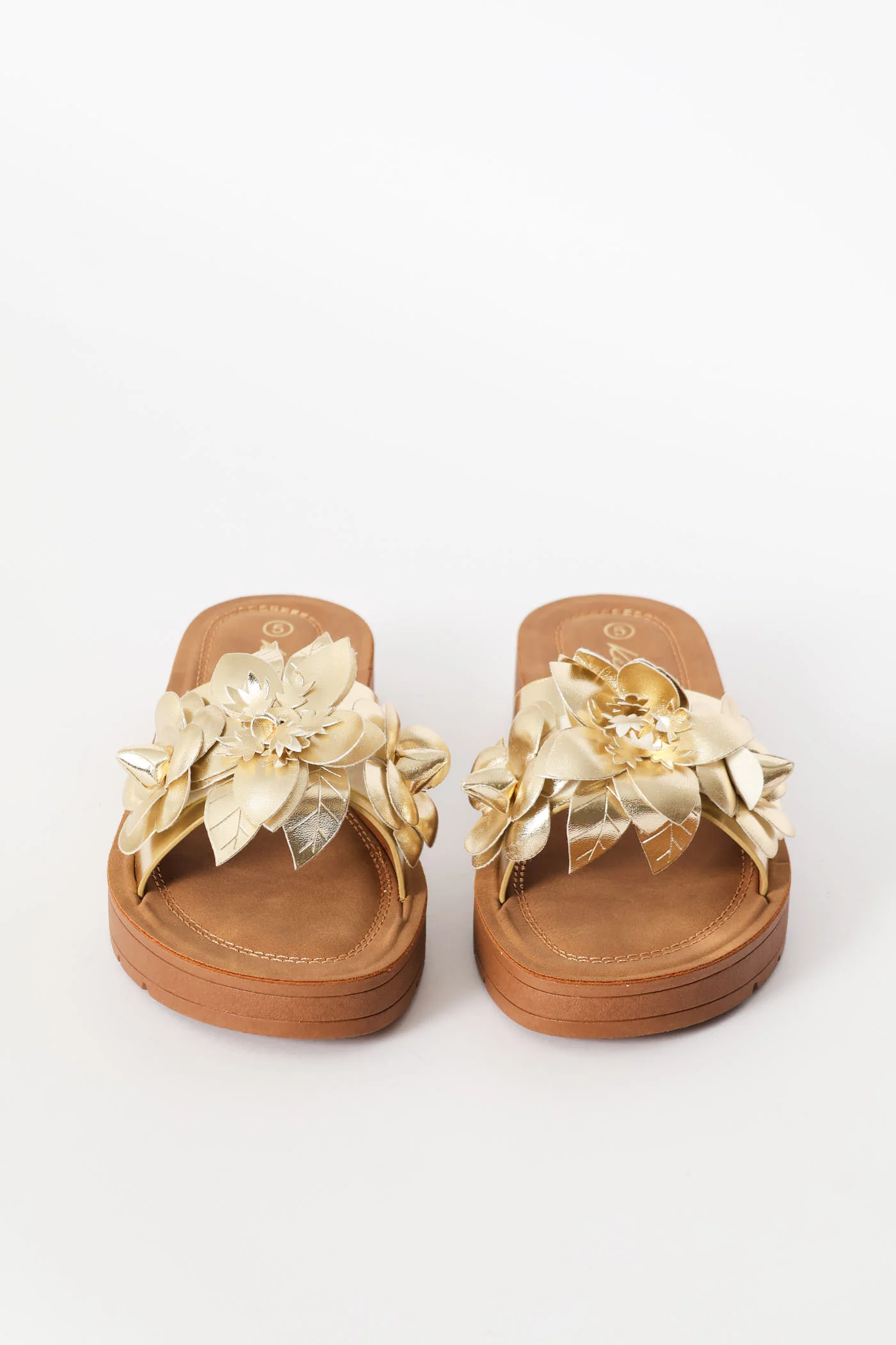 Flower Detail Single Band Sandal On Comfort Outsole - Gold - Image 5