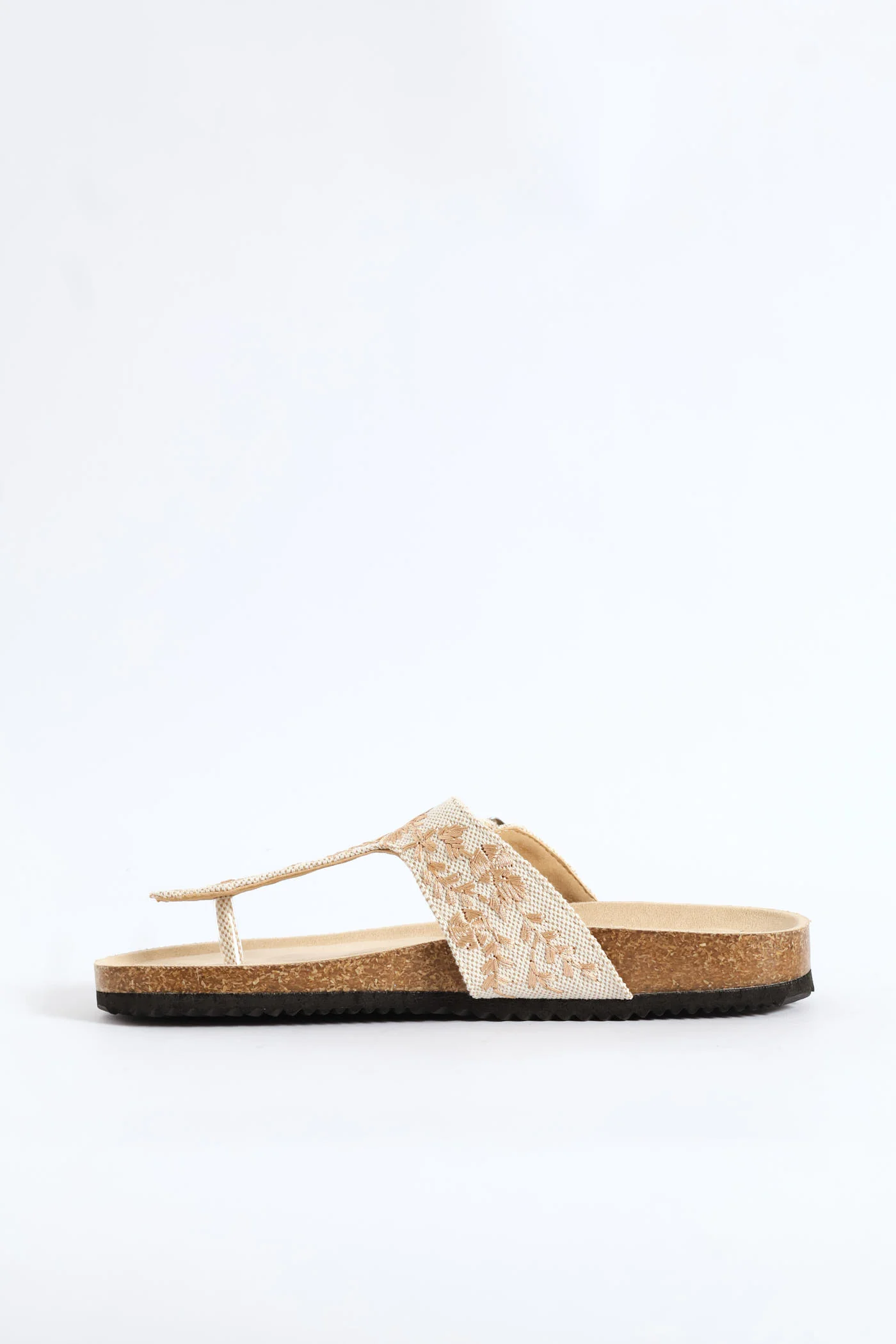 Flower Detail Thong Sandal On Cork Outsole - Natural - Image 3