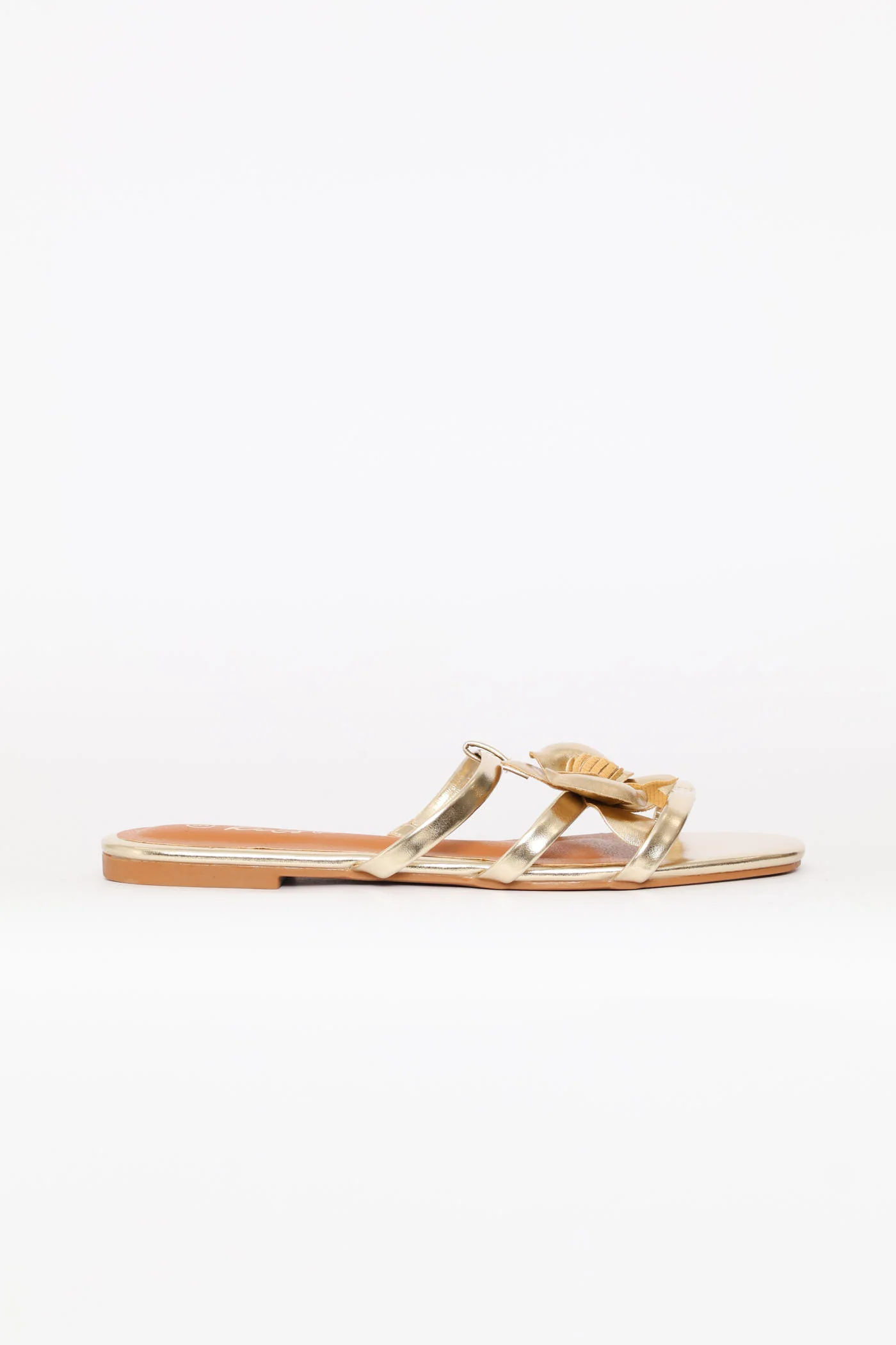 Flower Detail Triple Strap Sandal - Gold - Image 4