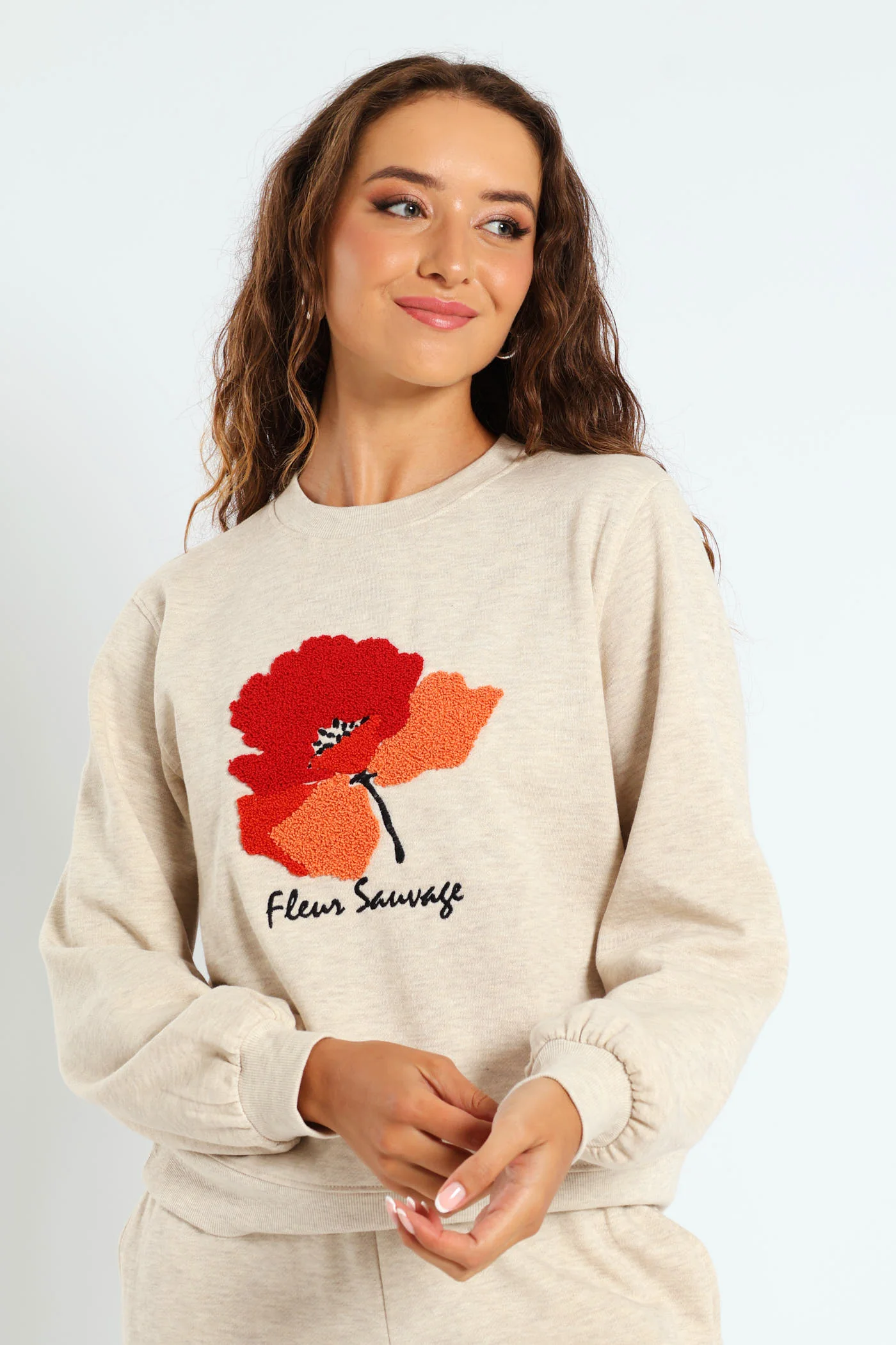 Flower Loop Embroidered Pullover - Oatmeal Melange - Image 2