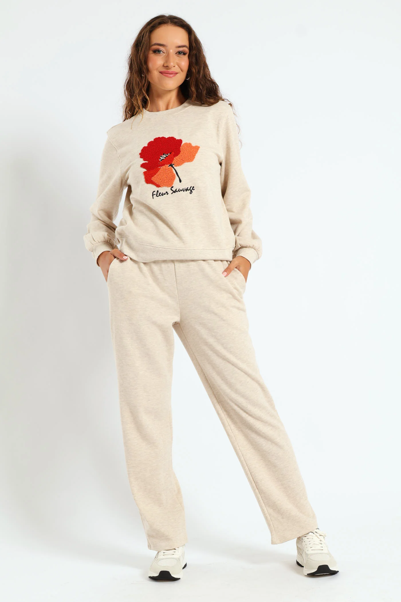 Flower Loop Embroidered Pullover - Oatmeal Melange - Image 3