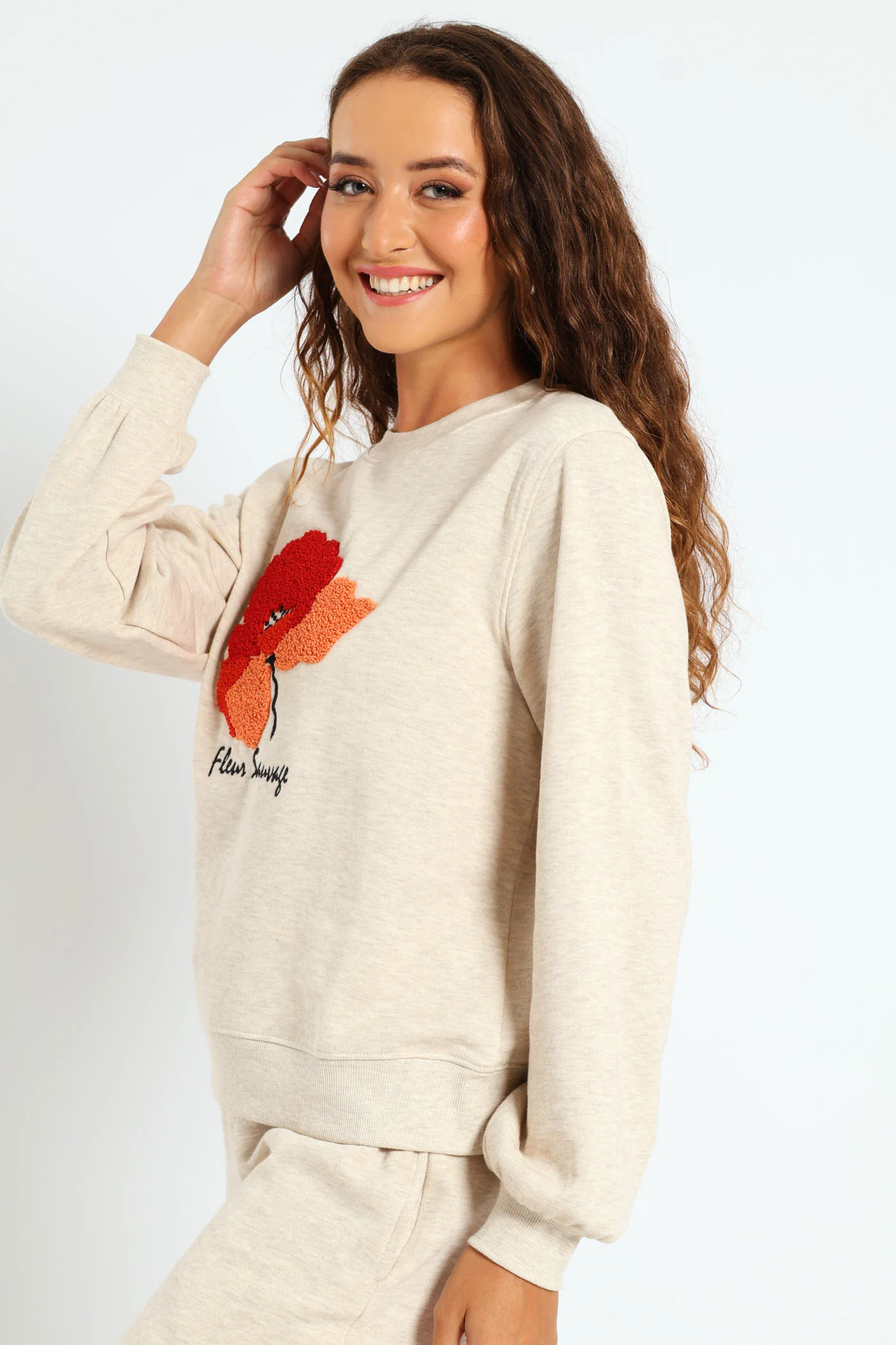 Flower Loop Embroidered Pullover - Oatmeal Melange - Image 5
