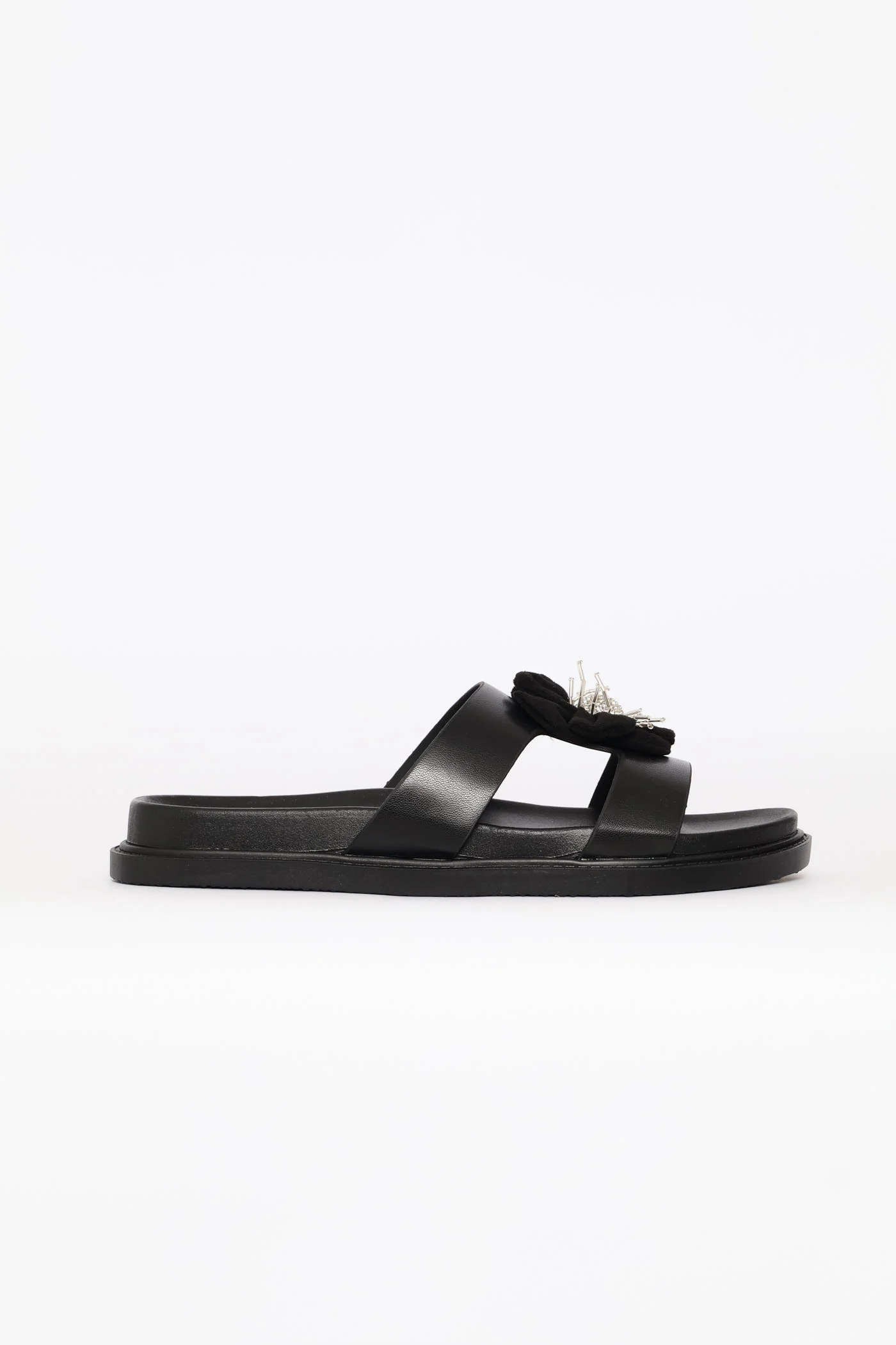 Flower Trim Puff Strap Mule Sandal - Black - Image 2