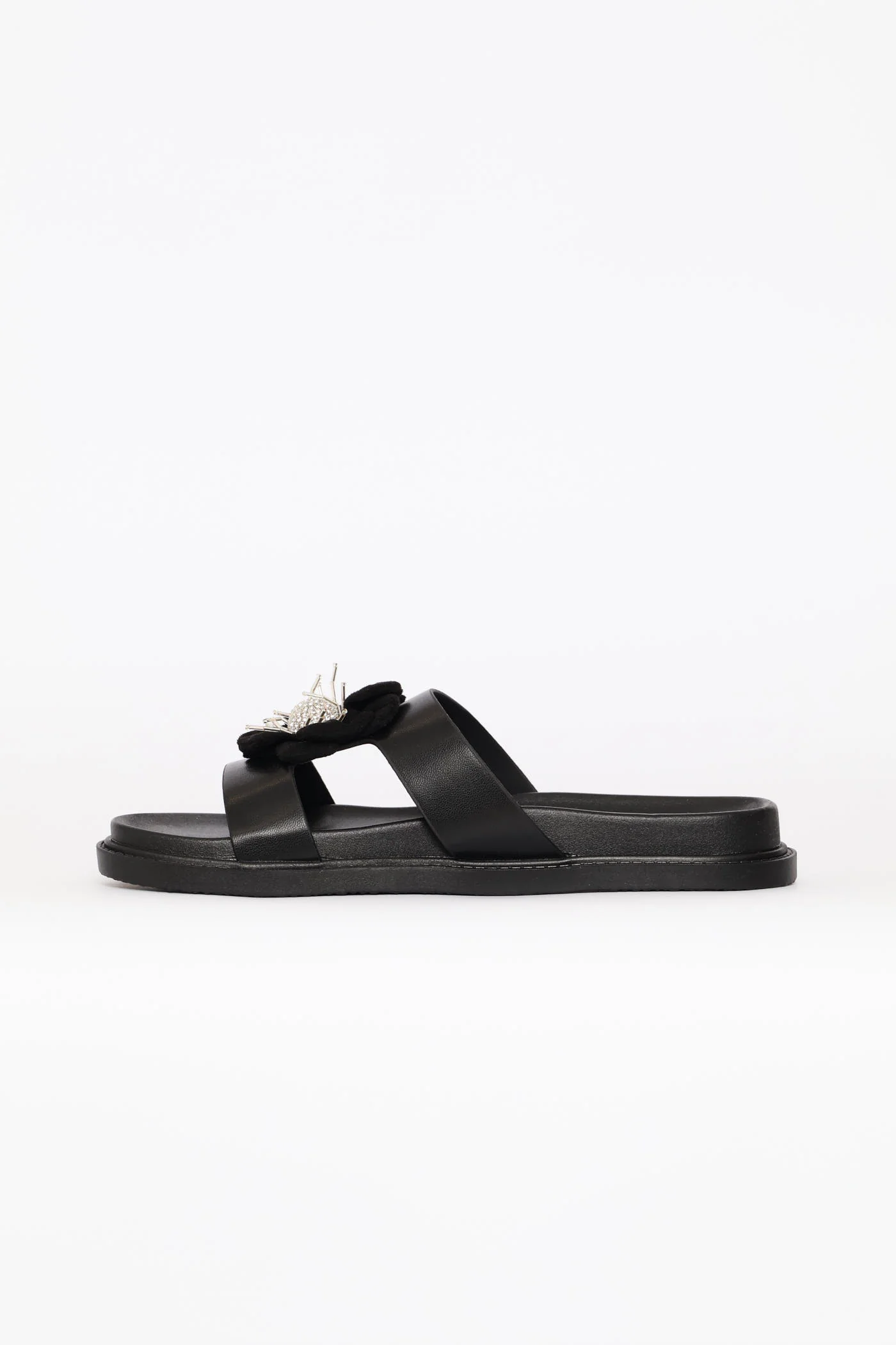 Flower Trim Puff Strap Mule Sandal - Black - Image 3