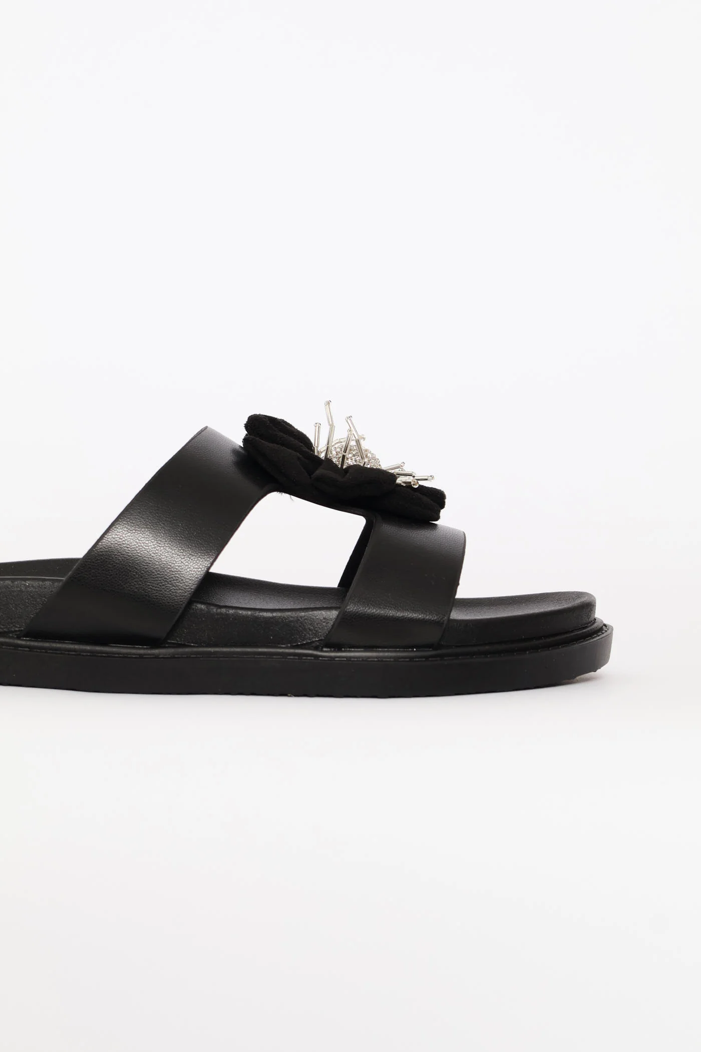 Flower Trim Puff Strap Mule Sandal - Black - Image 4
