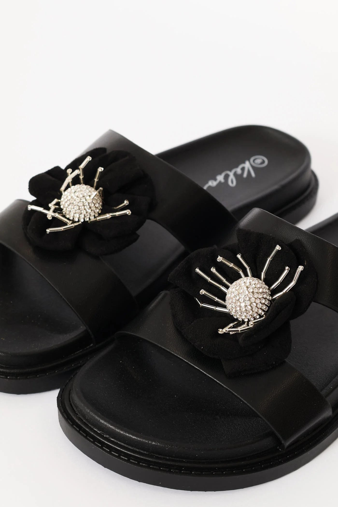 Flower Trim Puff Strap Mule Sandal - Black - Image 5
