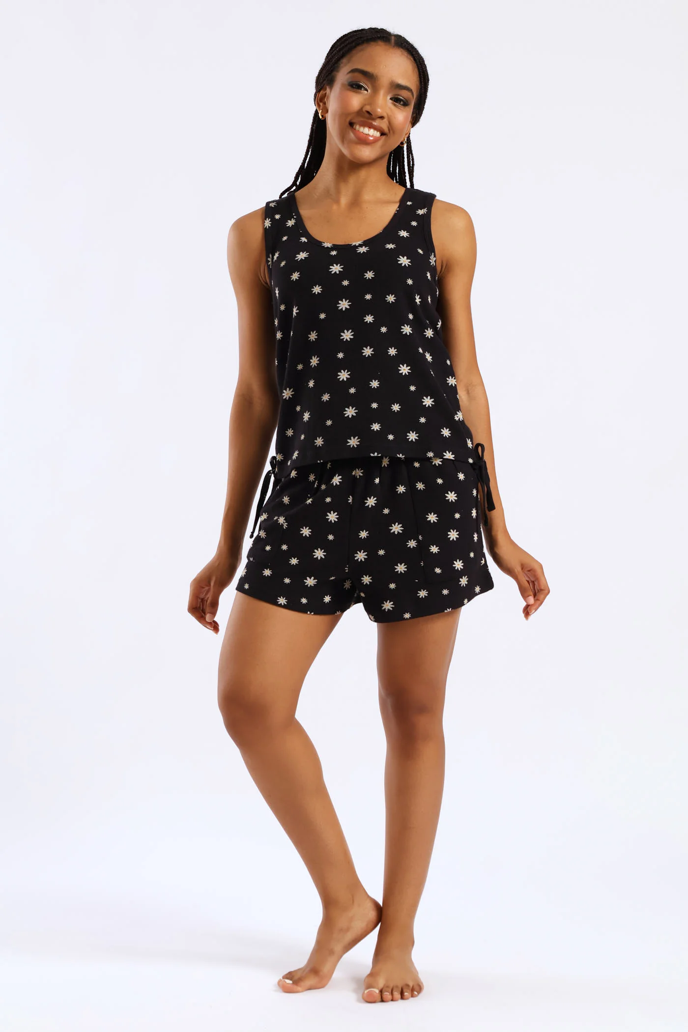 Flowers Waffle Knit Sleep Tank Top - Black - Image 2