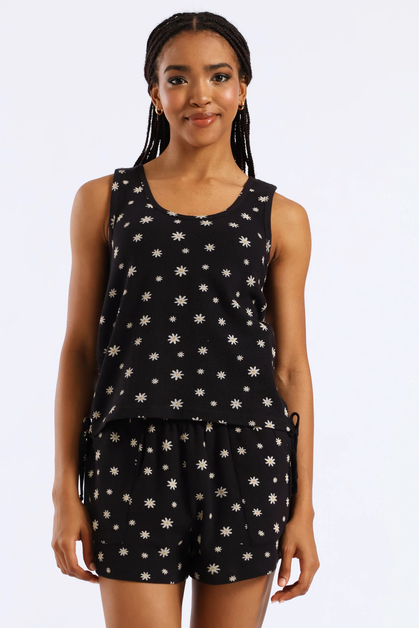 Flowers Waffle Knit Sleep Tank Top - Black - Image 5