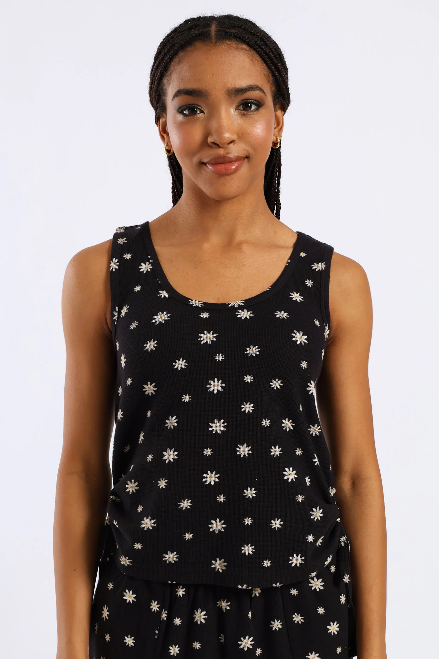 Flowers Waffle Knit Sleep Tank Top - Black - Image 6