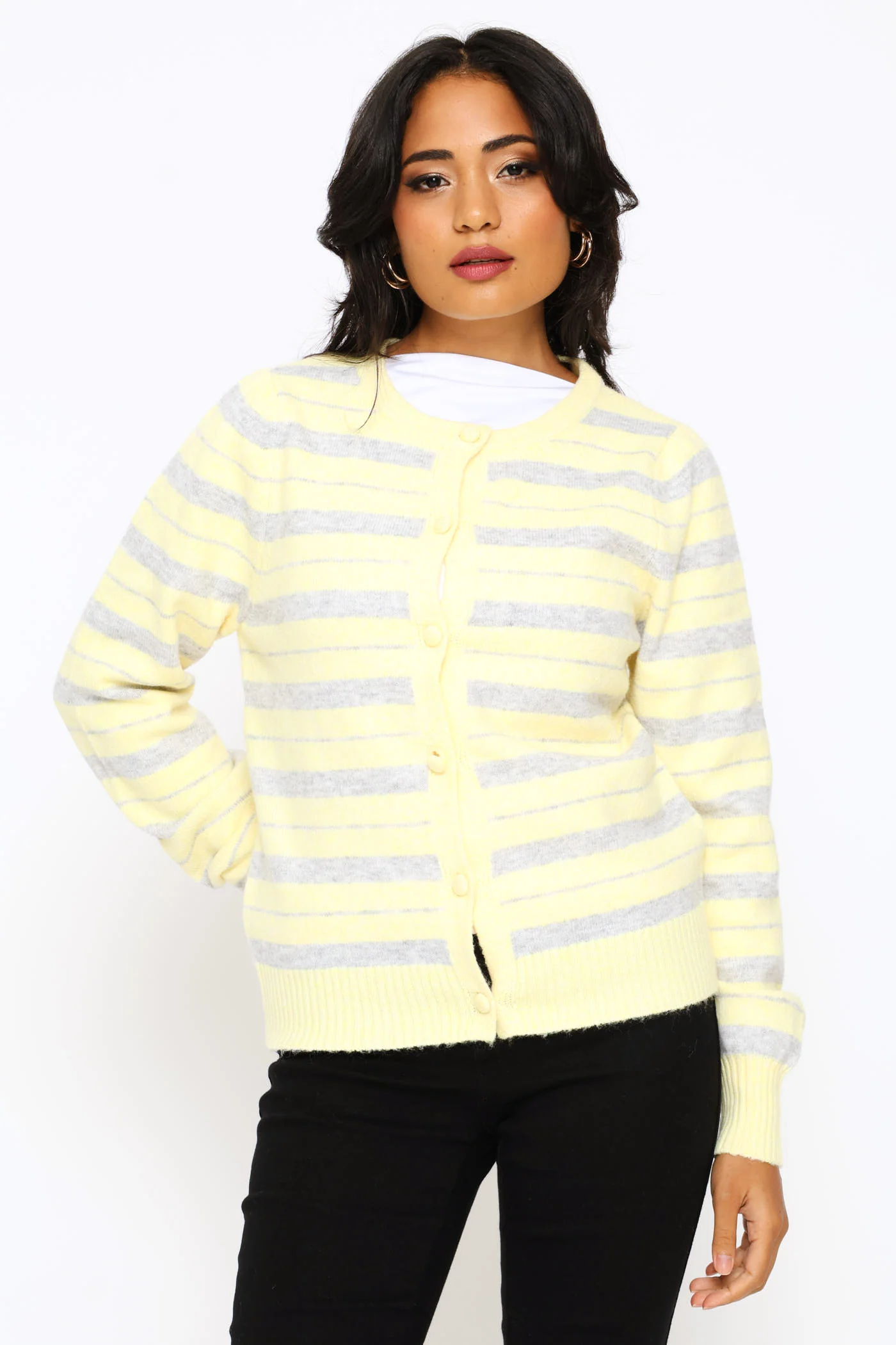 Fluffy Stripe Cardigan - Light Yellow - Image 3