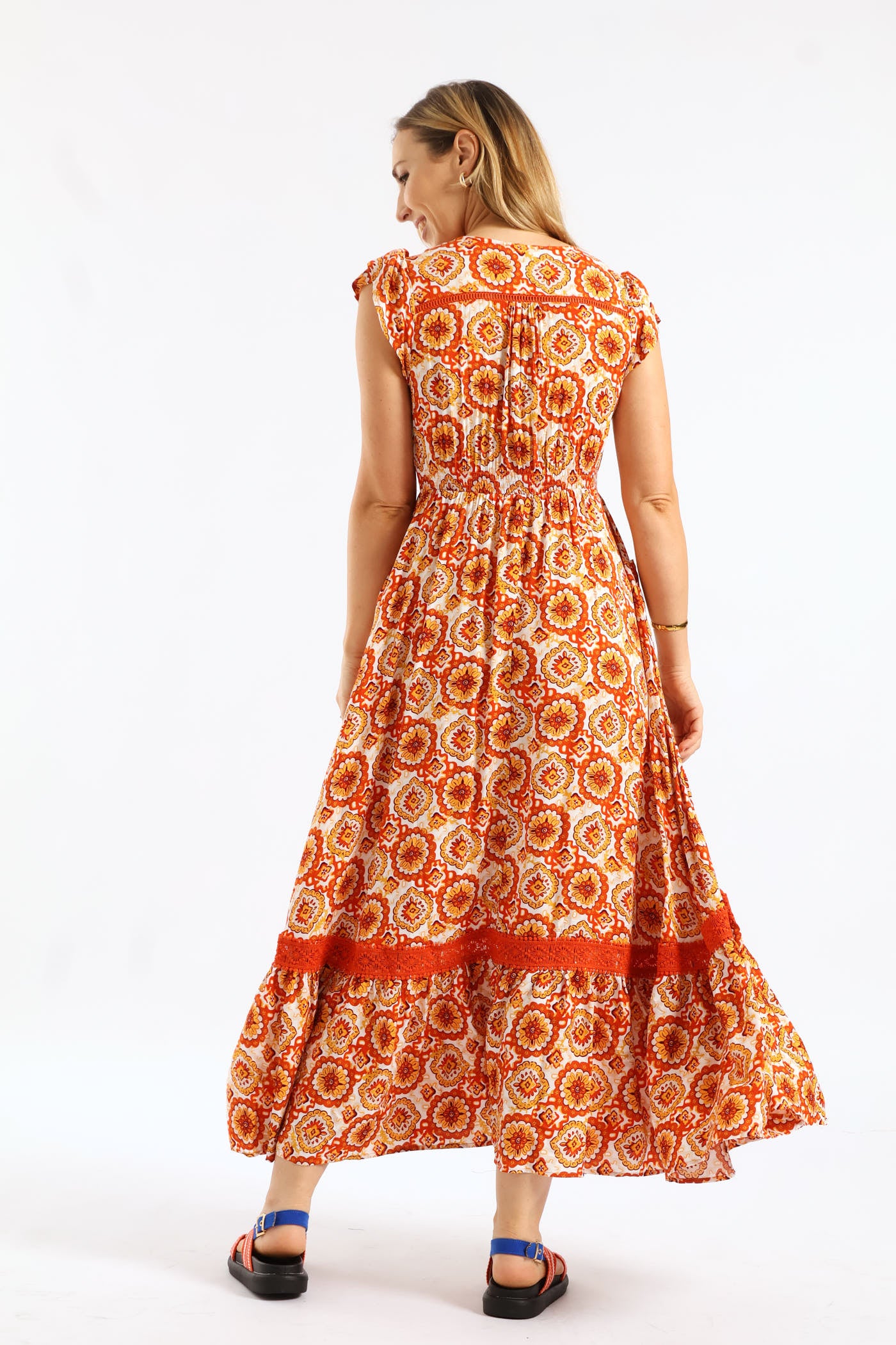 Flutter Cap Sleeve V-Neck Button Through A-Line Maxi Dress - Orange - Image 4
