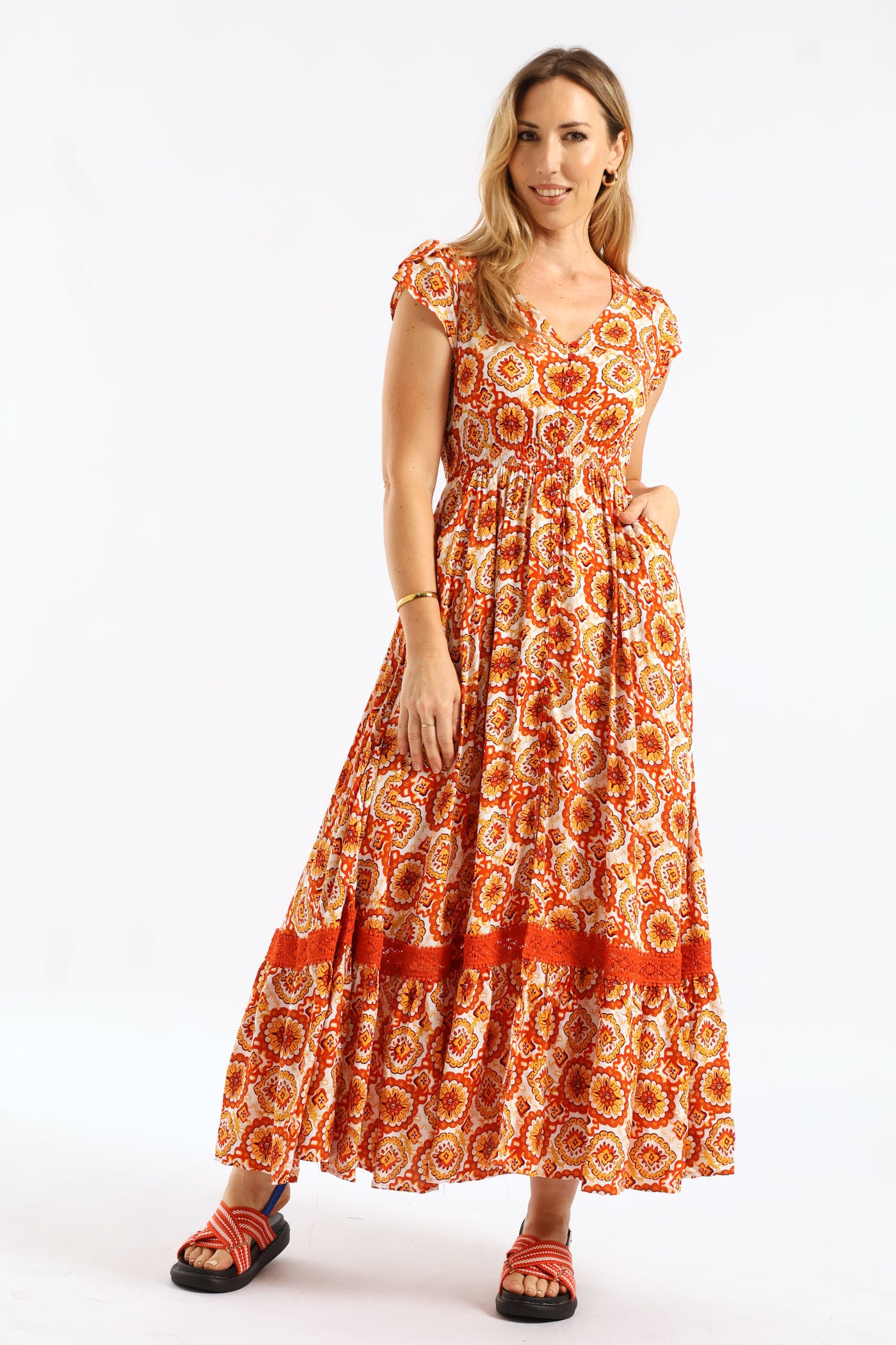 Flutter Cap Sleeve V-Neck Button Through A-Line Maxi Dress - Orange - Image 5