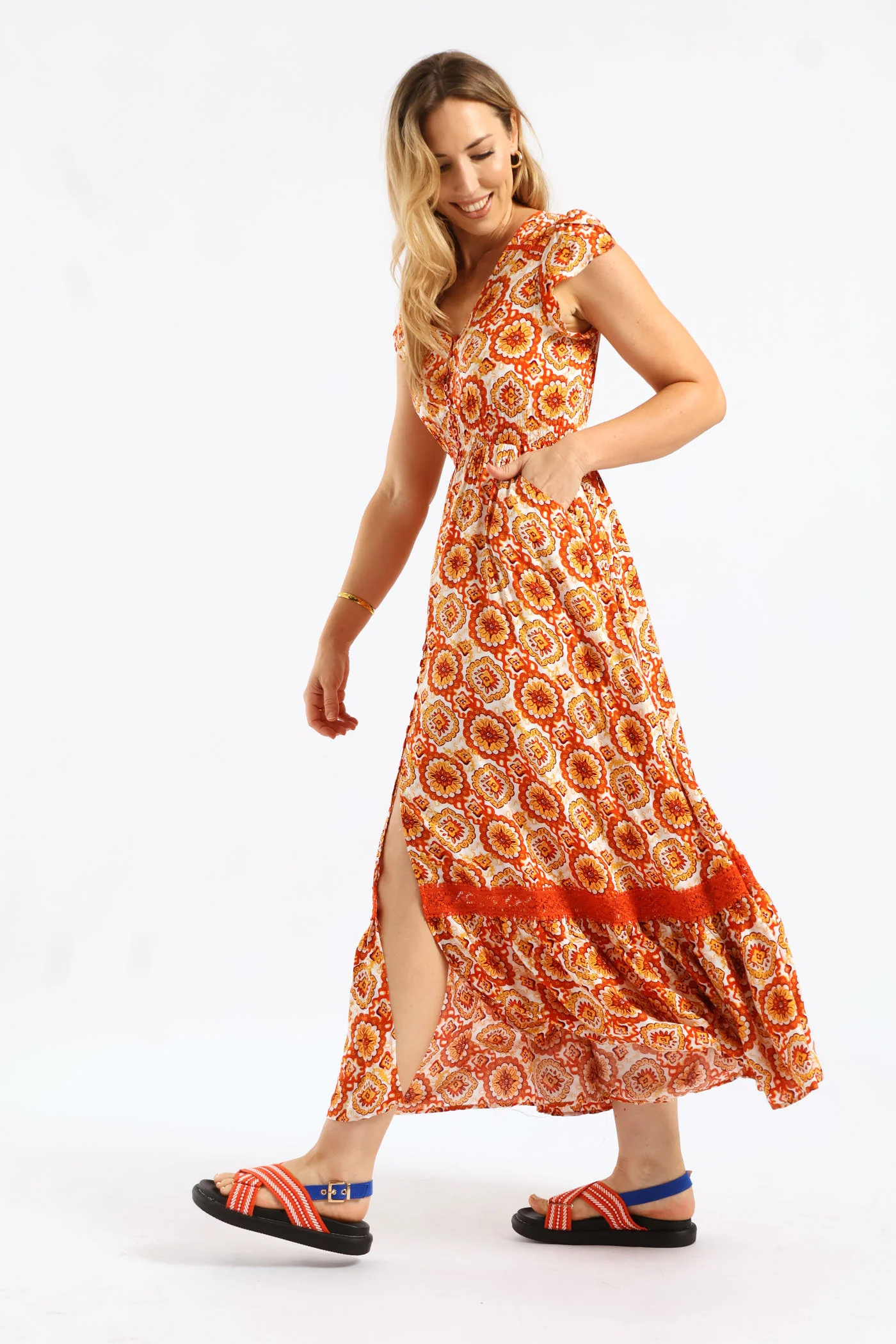 Flutter Cap Sleeve V-Neck Button Through A-Line Maxi Dress - Orange - Image 6