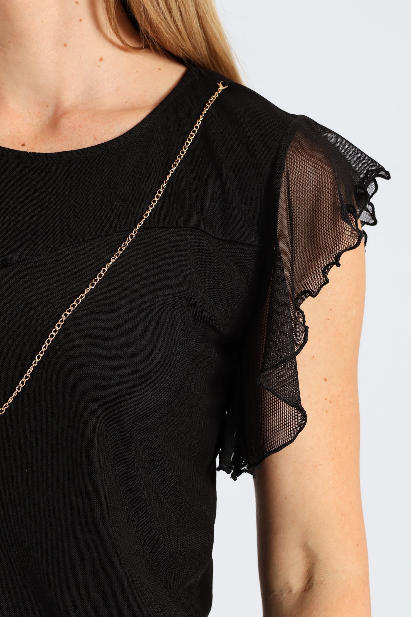 Flutter Sleeve Mesh Blouse - Black - Image 2