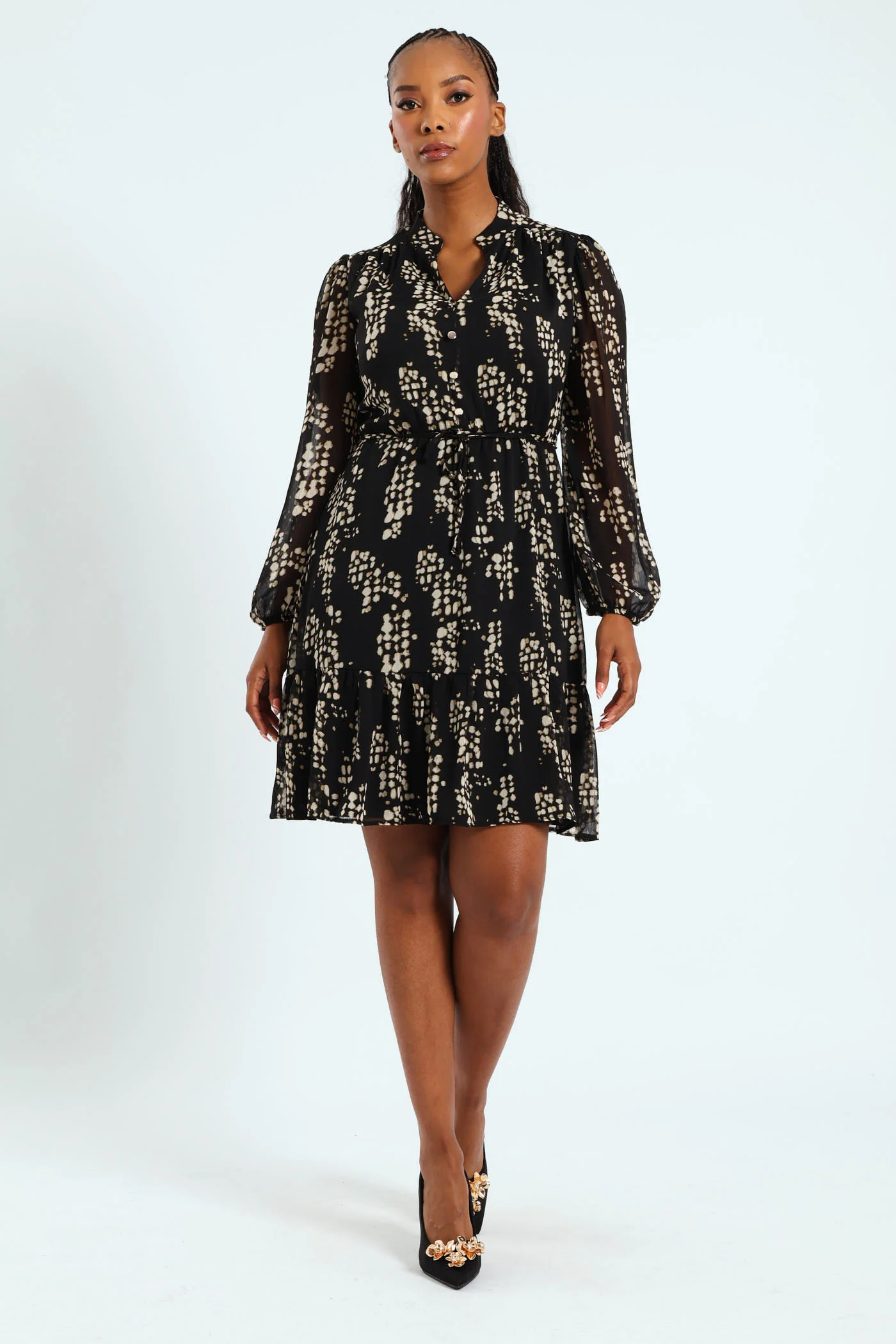 Flutter Sleeve Monochrome Tea Dress - Black/Cream - Image 6