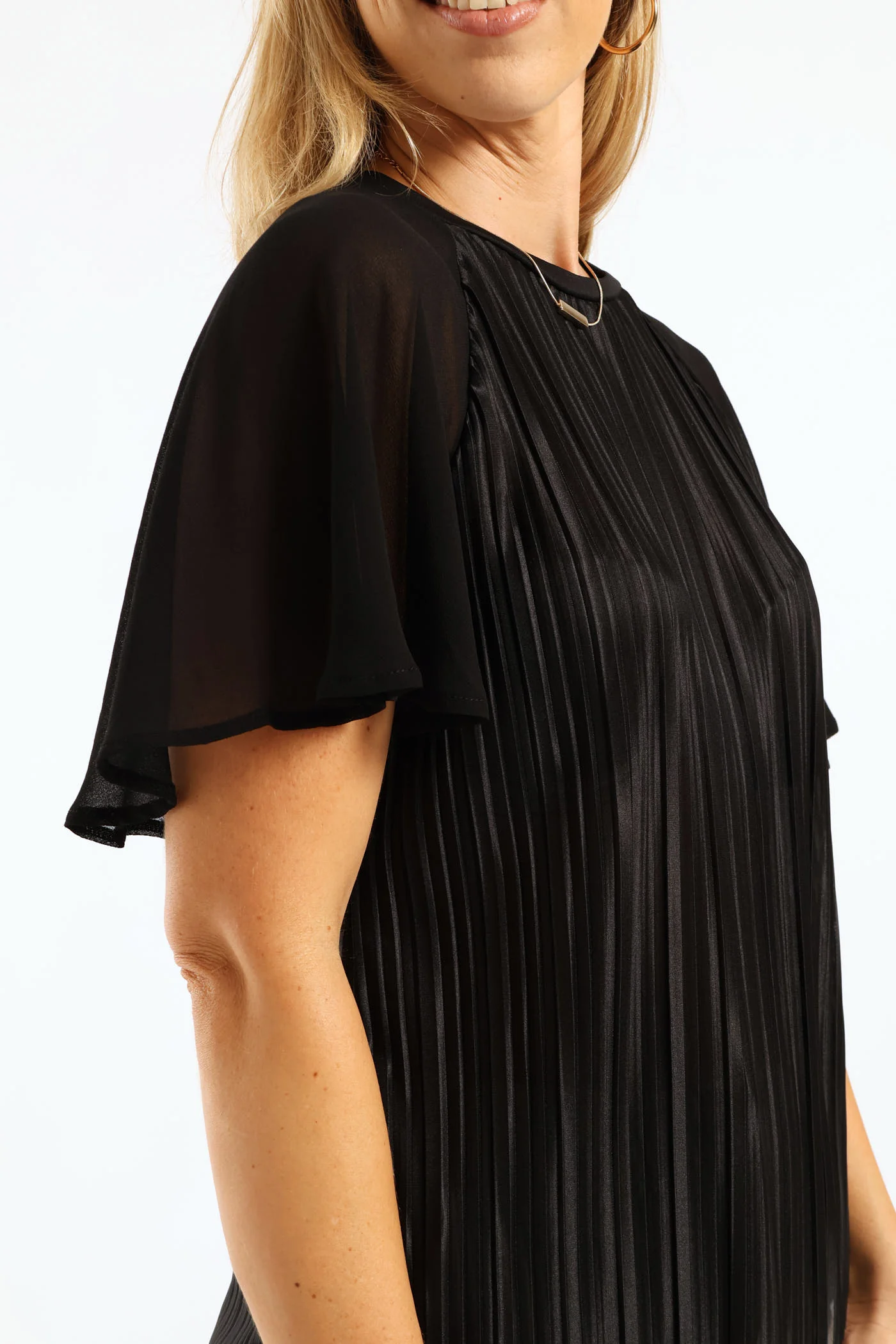Flutter Sleeve Pleated Satin Blouse - Black - Image 2