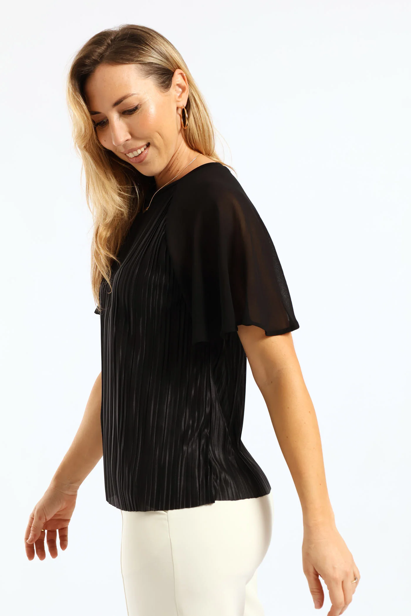 Flutter Sleeve Pleated Satin Blouse - Black - Image 4