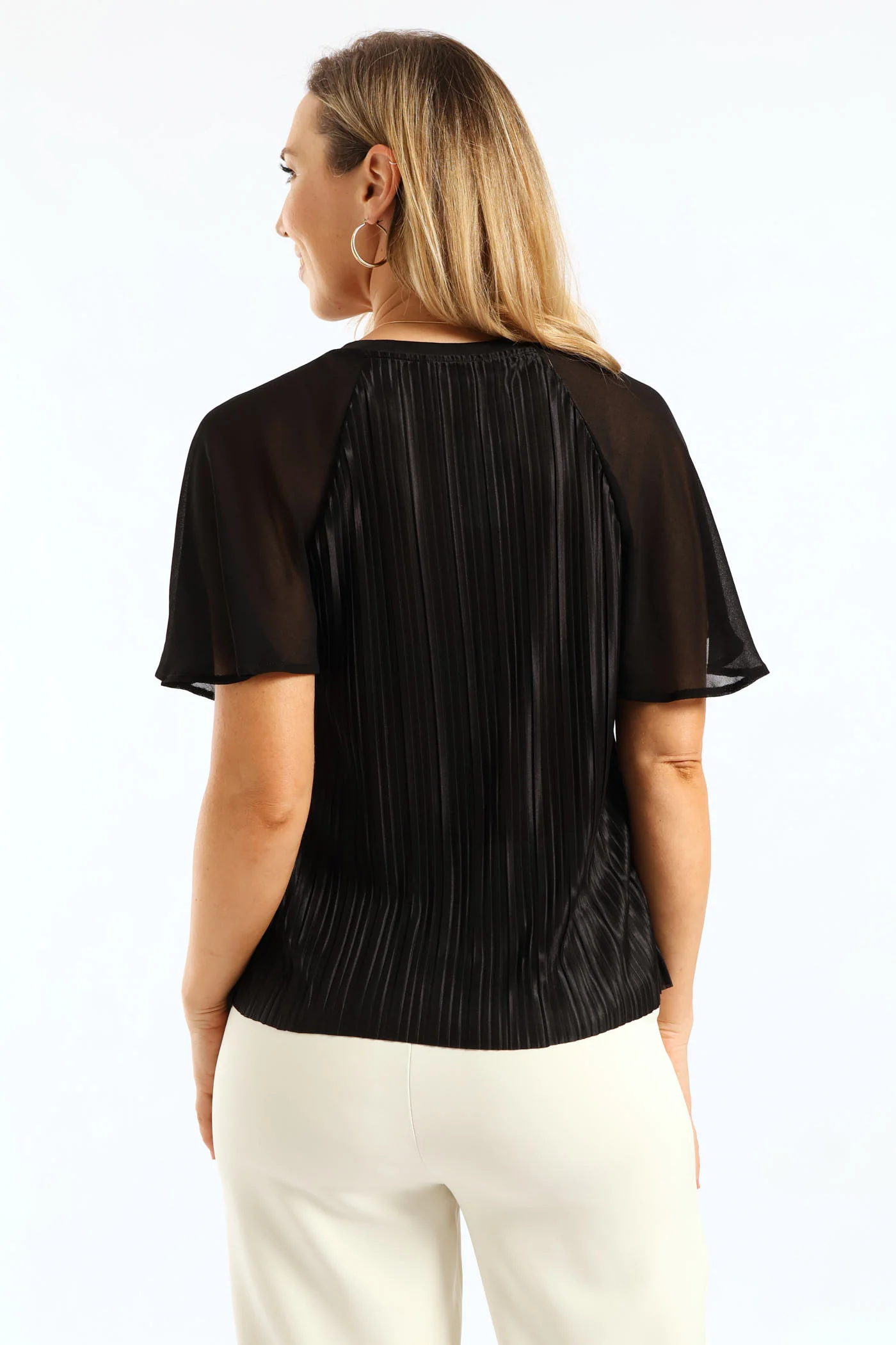 Flutter Sleeve Pleated Satin Blouse - Black - Image 5