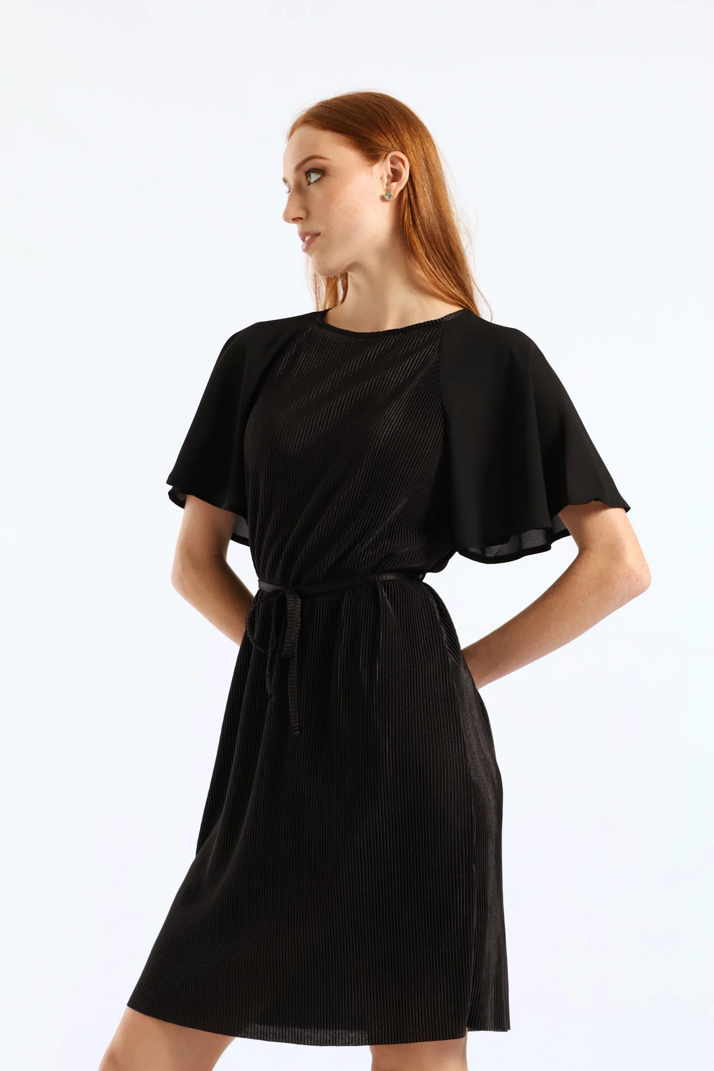 Flutter Sleeve Plisse Combo Dress - Black - Image 2
