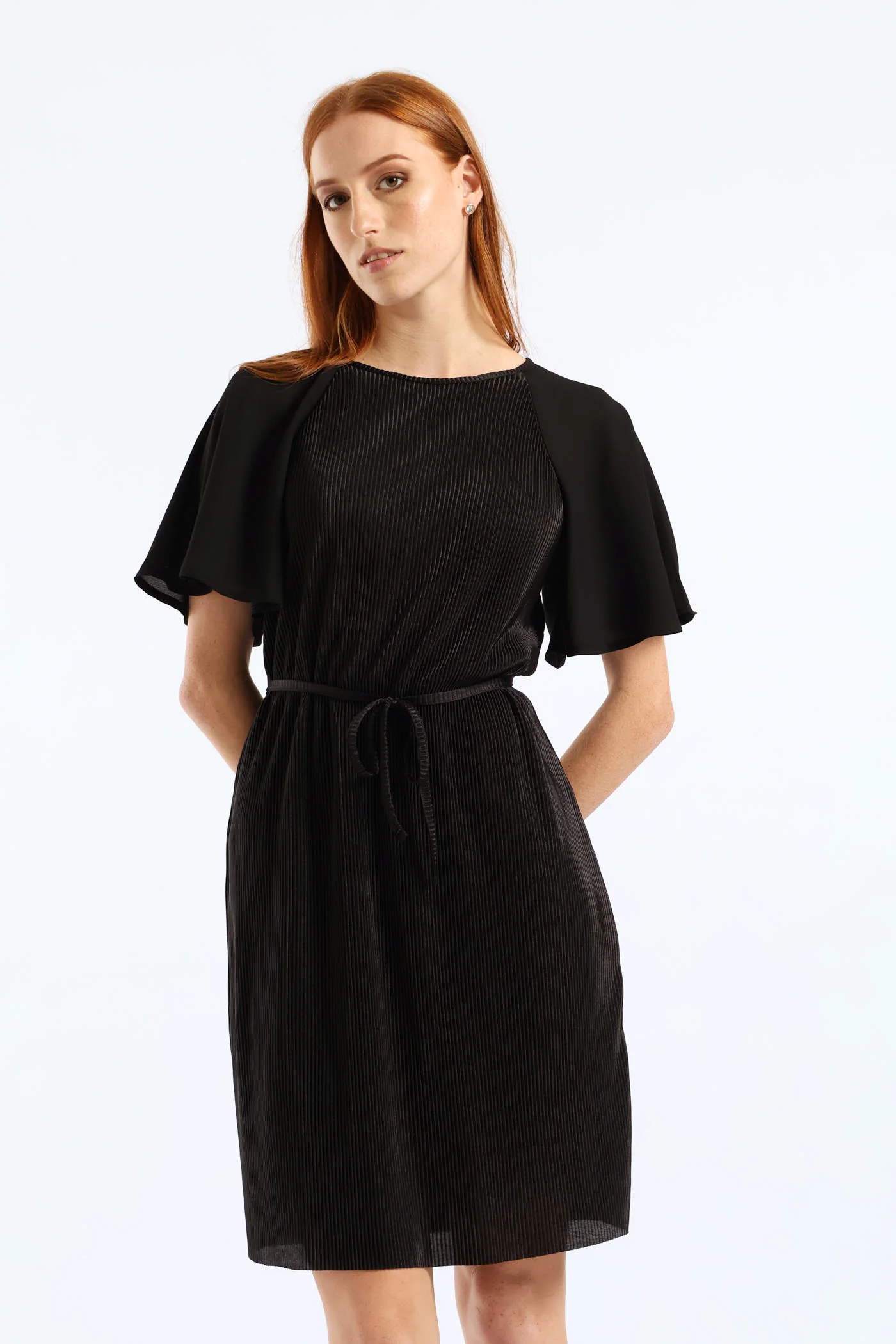 Flutter Sleeve Plisse Combo Dress - Black - Image 5
