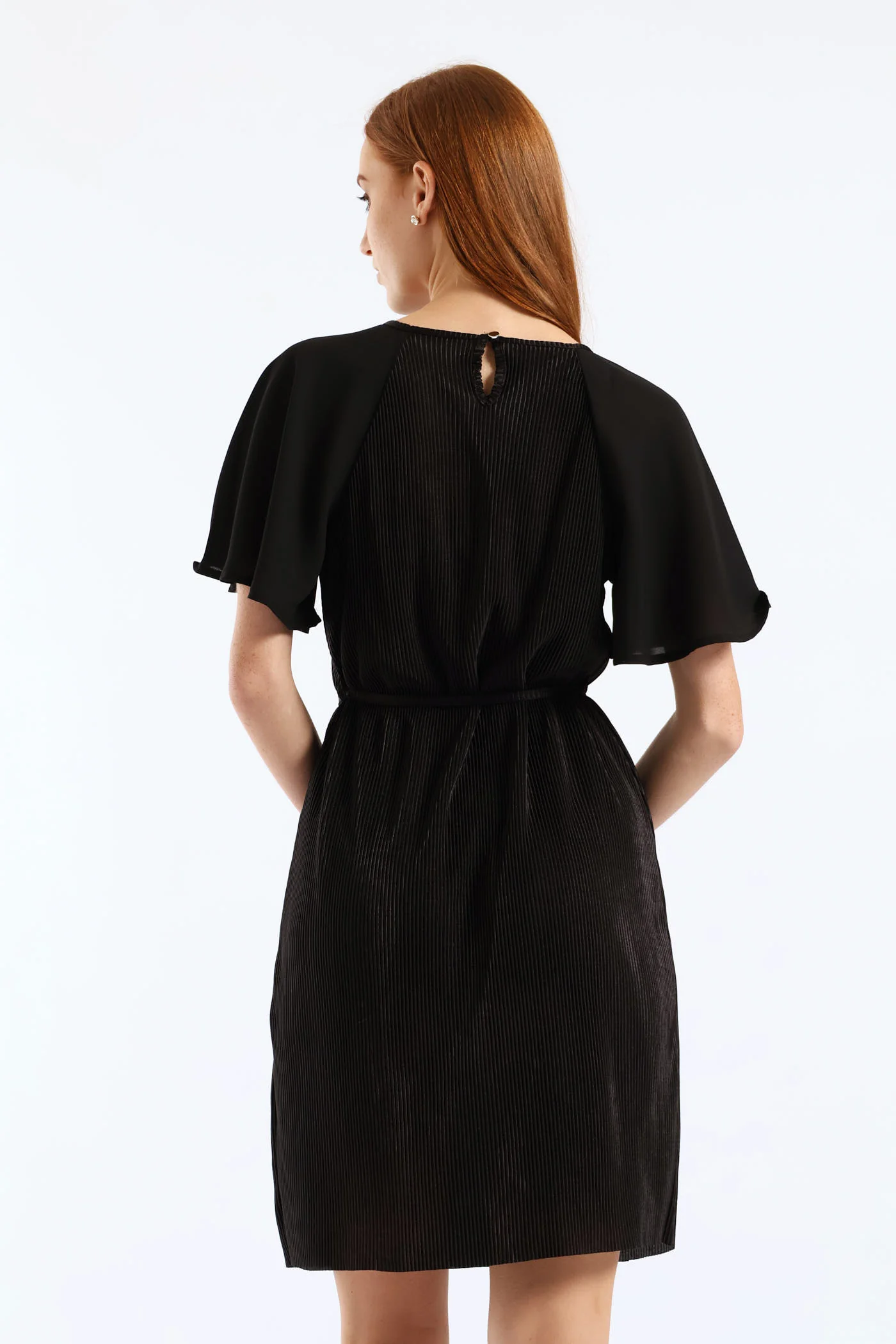 Flutter Sleeve Plisse Combo Dress - Black - Image 6