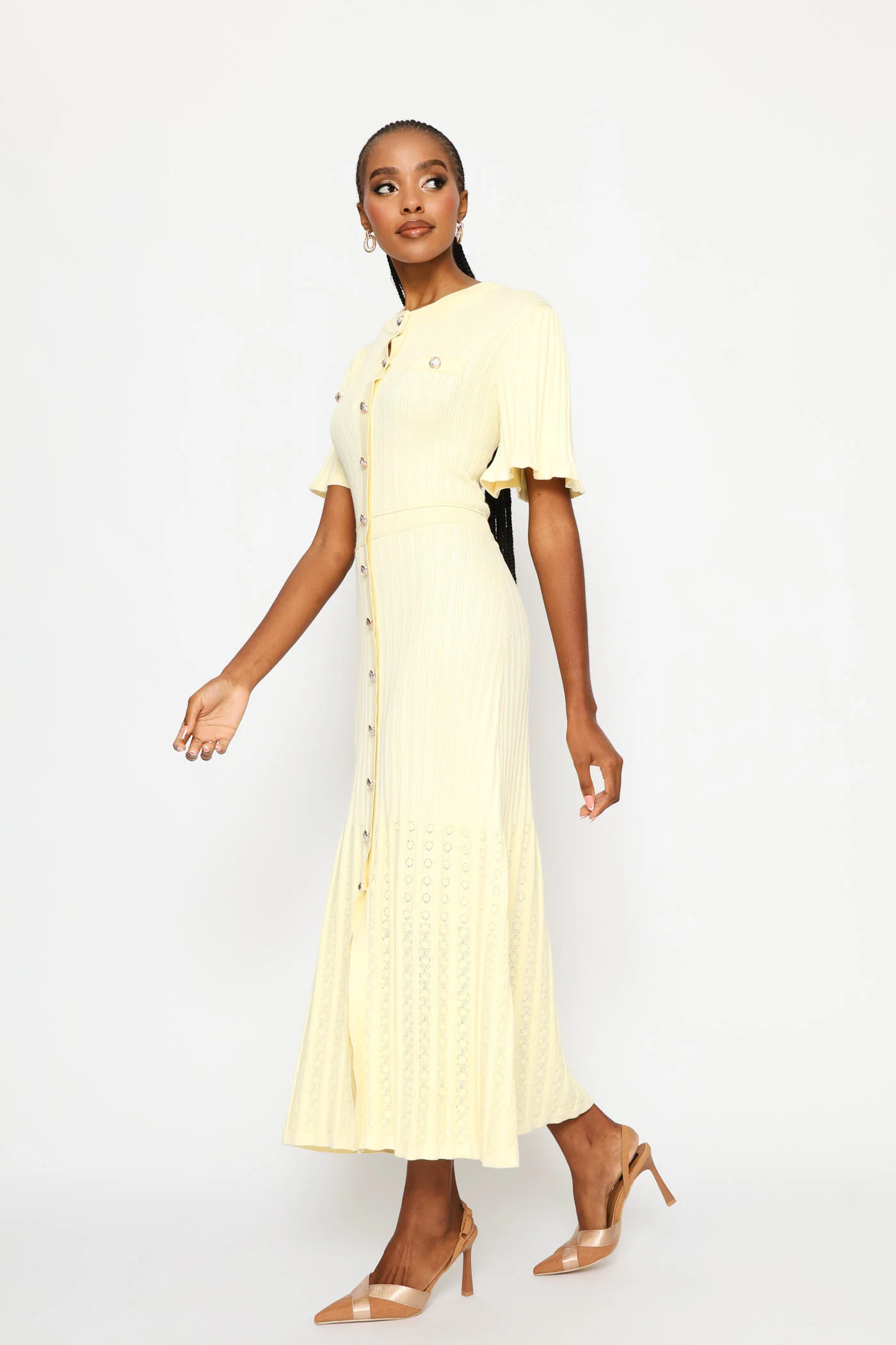 Flutter Sleeve Preppy Knitwear Maxi Dress - Butter Yellow - Image 3