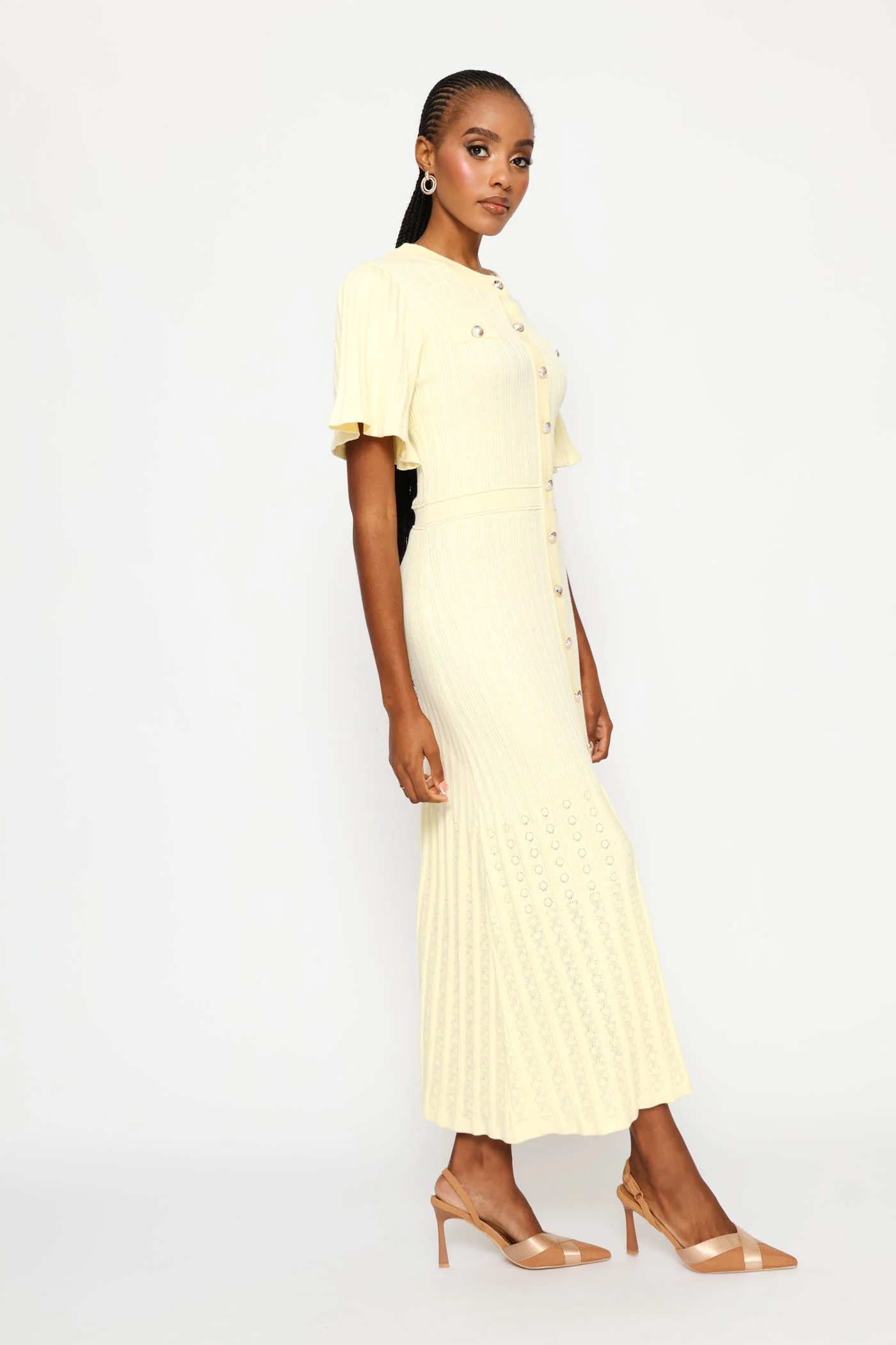 Flutter Sleeve Preppy Knitwear Maxi Dress - Butter Yellow - Image 4