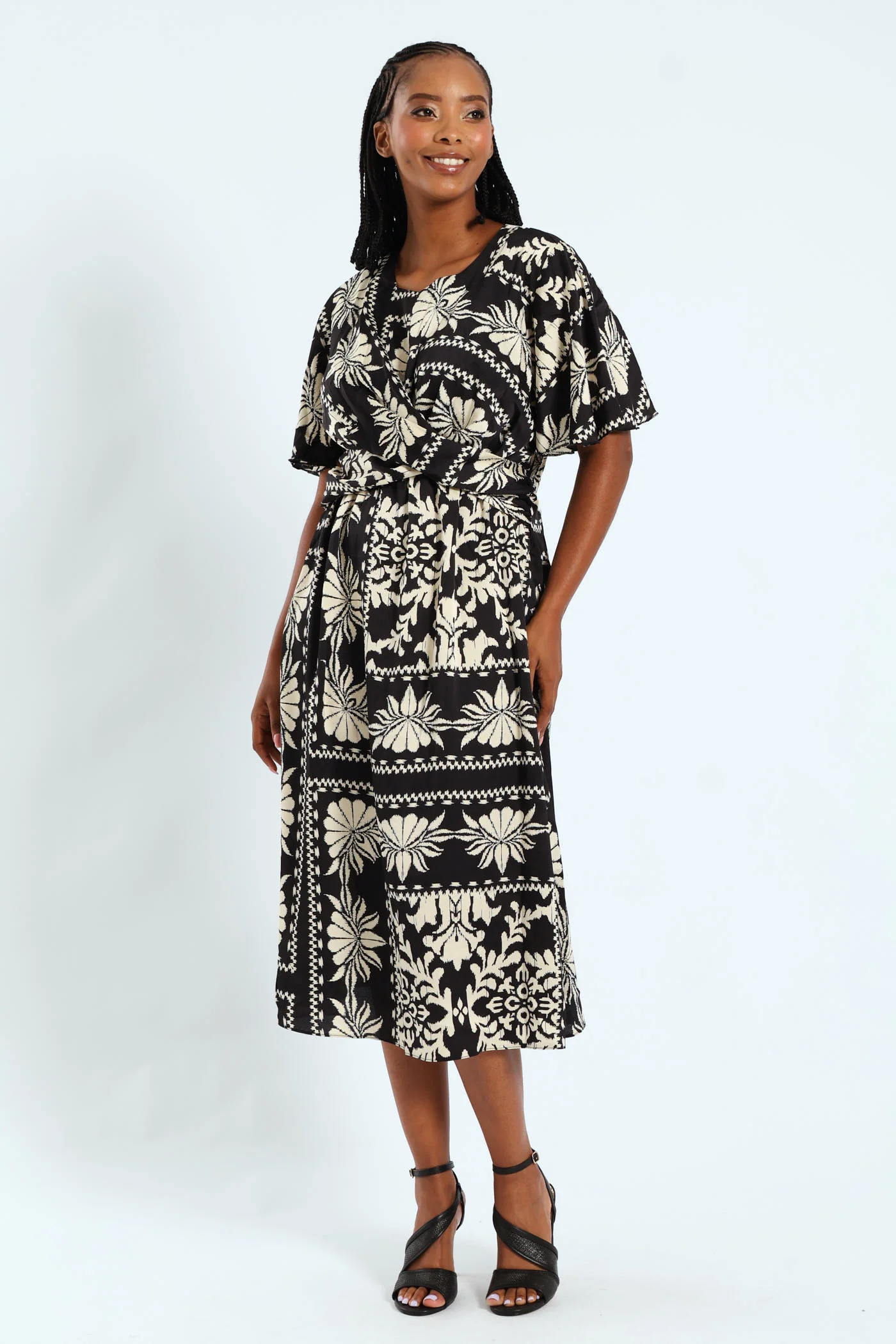 Flutter Sleeve Satn Midi Dress - Black/Cream - Image 2