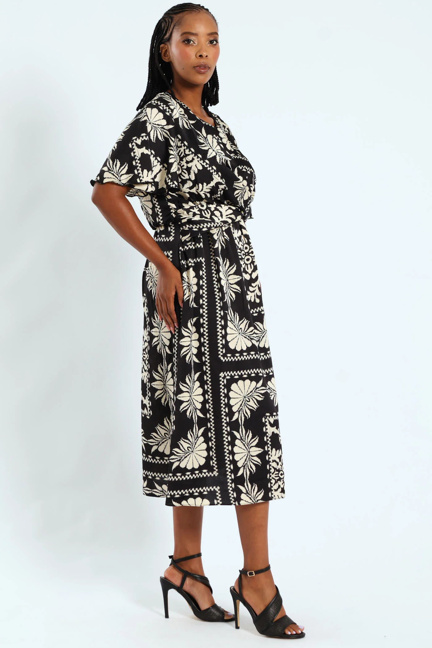 Flutter Sleeve Satn Midi Dress - Black/Cream - Image 3