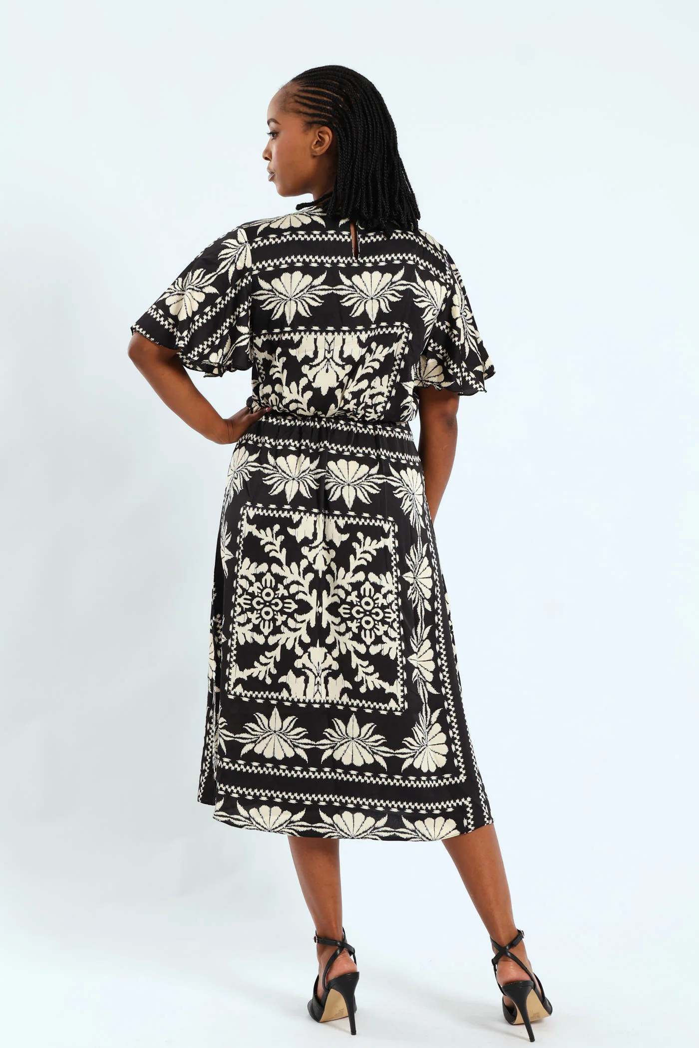 Flutter Sleeve Satn Midi Dress - Black/Cream - Image 4