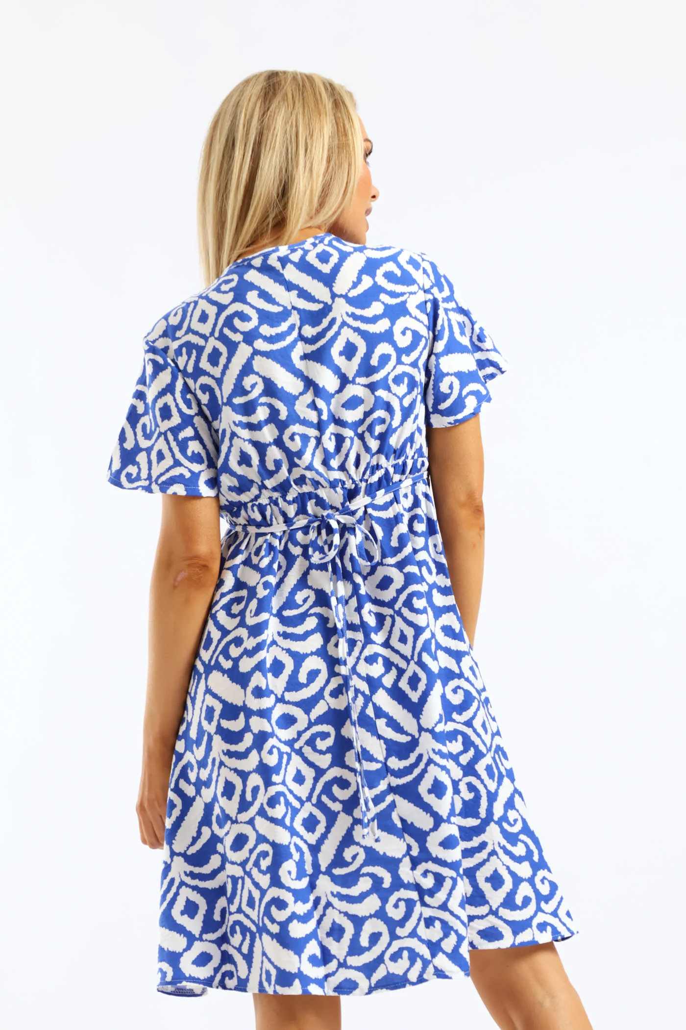 Flutter Sleeve Tie-Back Flare Mini Dress - Cobalt/White - Image 4