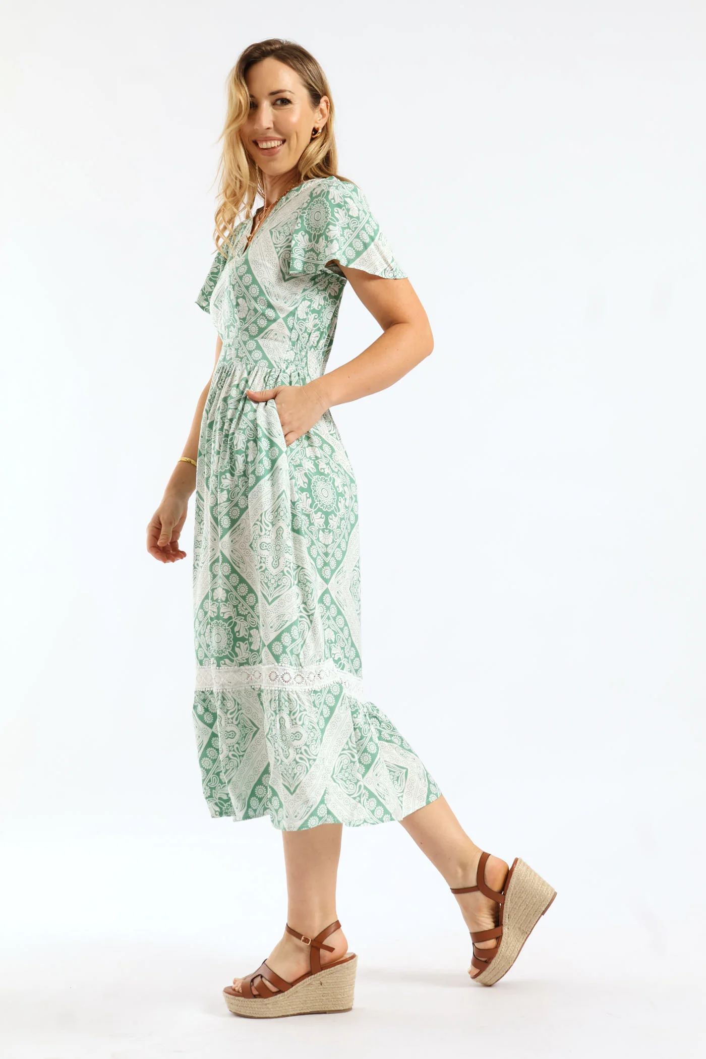 Flutter Sleeve V-Neck Hankerchief Print Maxi Dress - Teal - Image 3