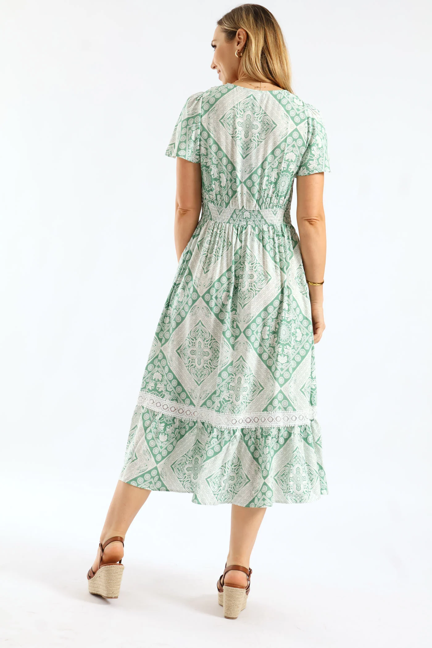 Flutter Sleeve V-Neck Hankerchief Print Maxi Dress - Teal - Image 4