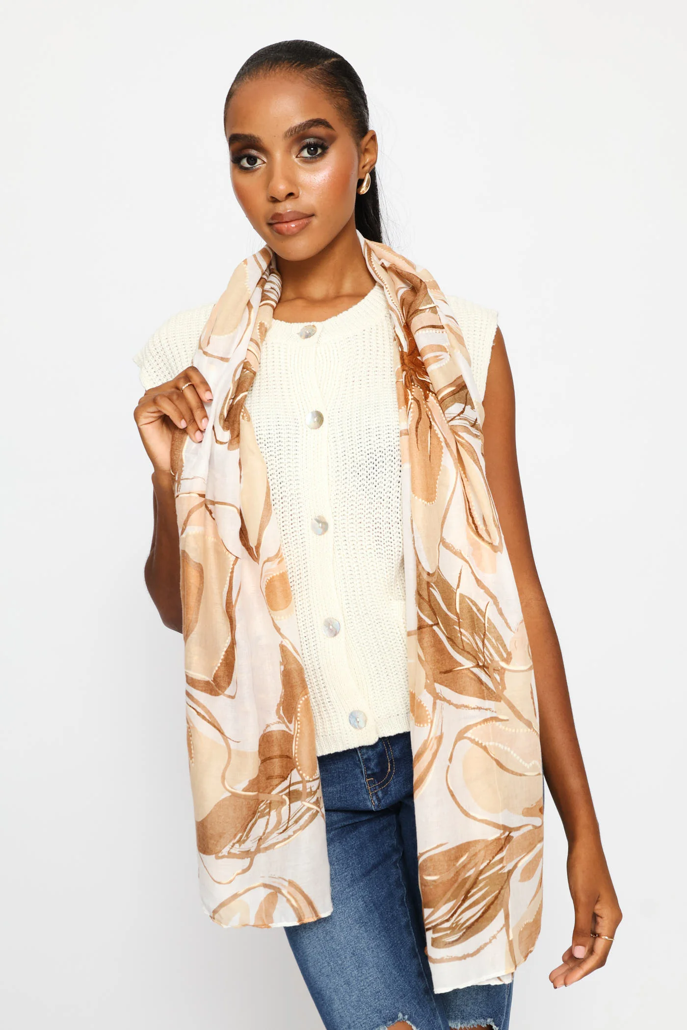 Foil Floral Print Light Weight Scarf - Brown - Image 4