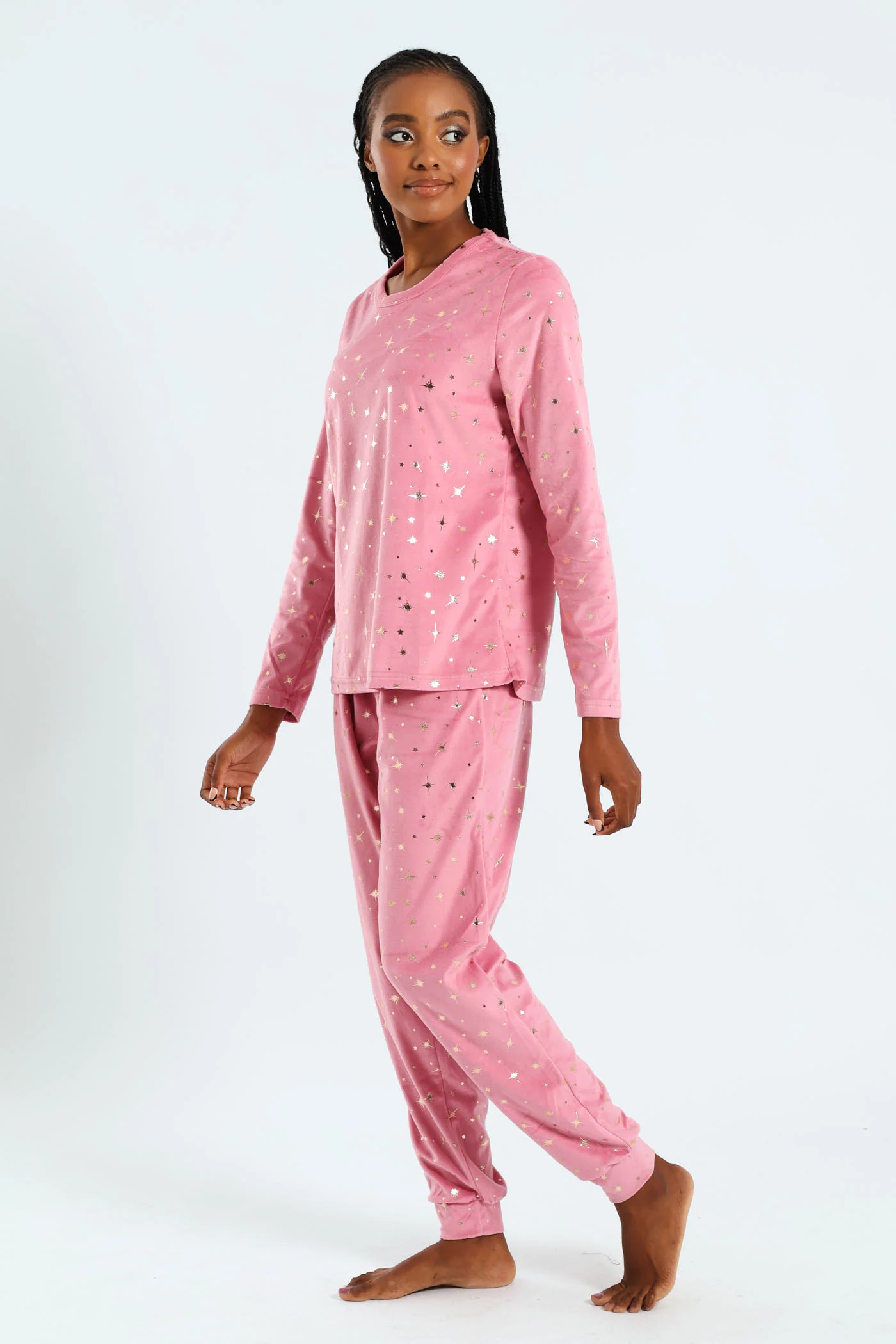 Foil Stars Velour Top & Pant Set - Pink - Image 2