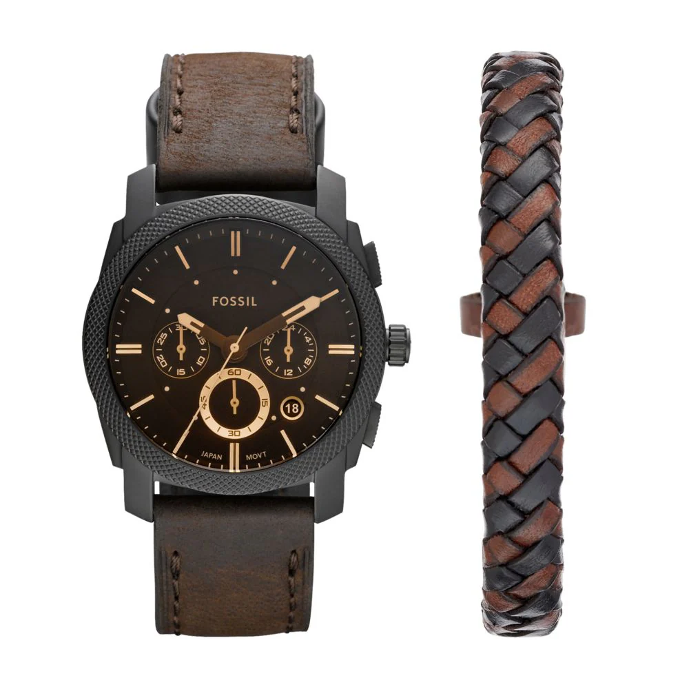 Machine Chronograph Leather Watch & Bracelet Box Set - Black - Image 2