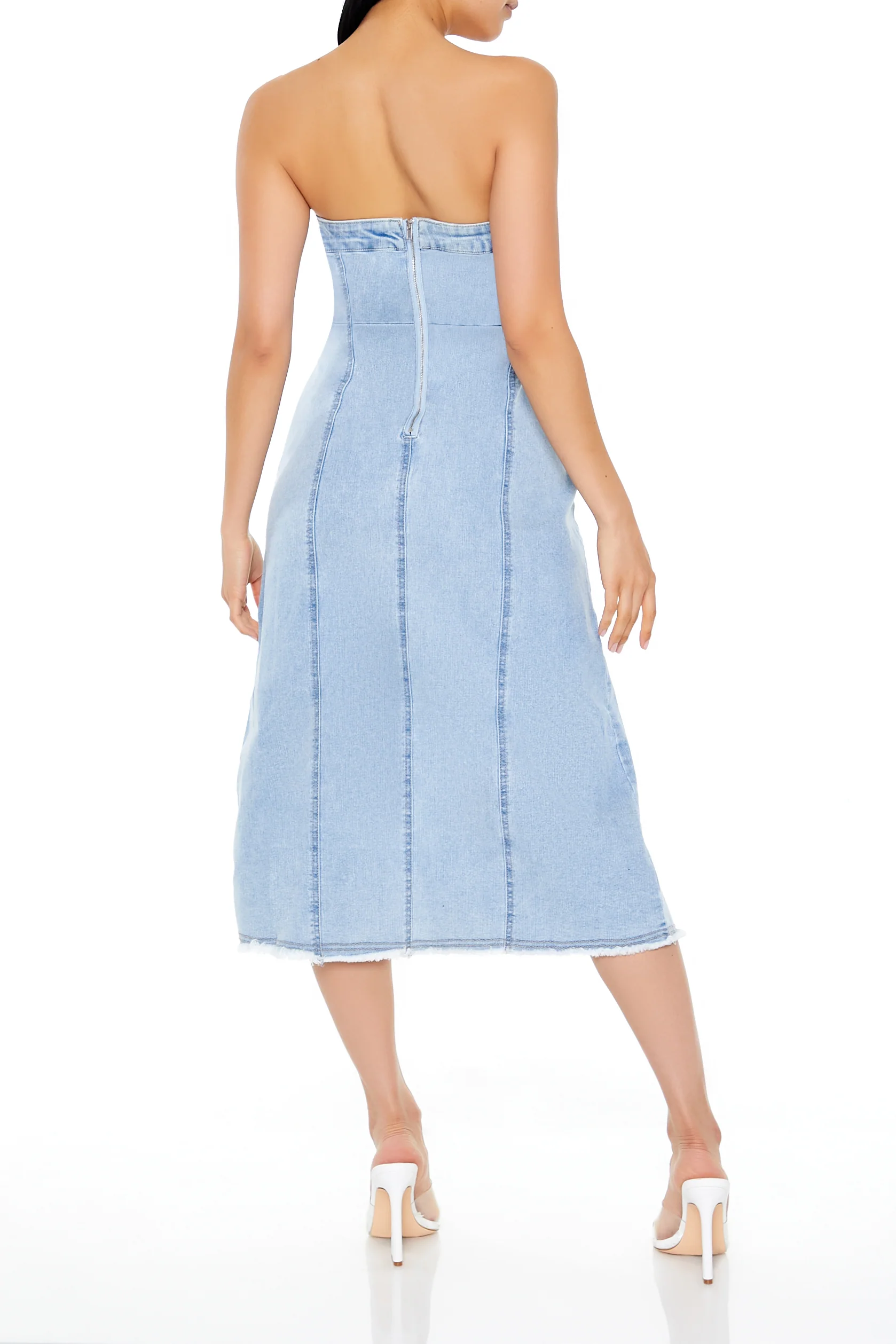 Frayed Denim Tulip Hem Midi Dress - Mid Blue - Image 5