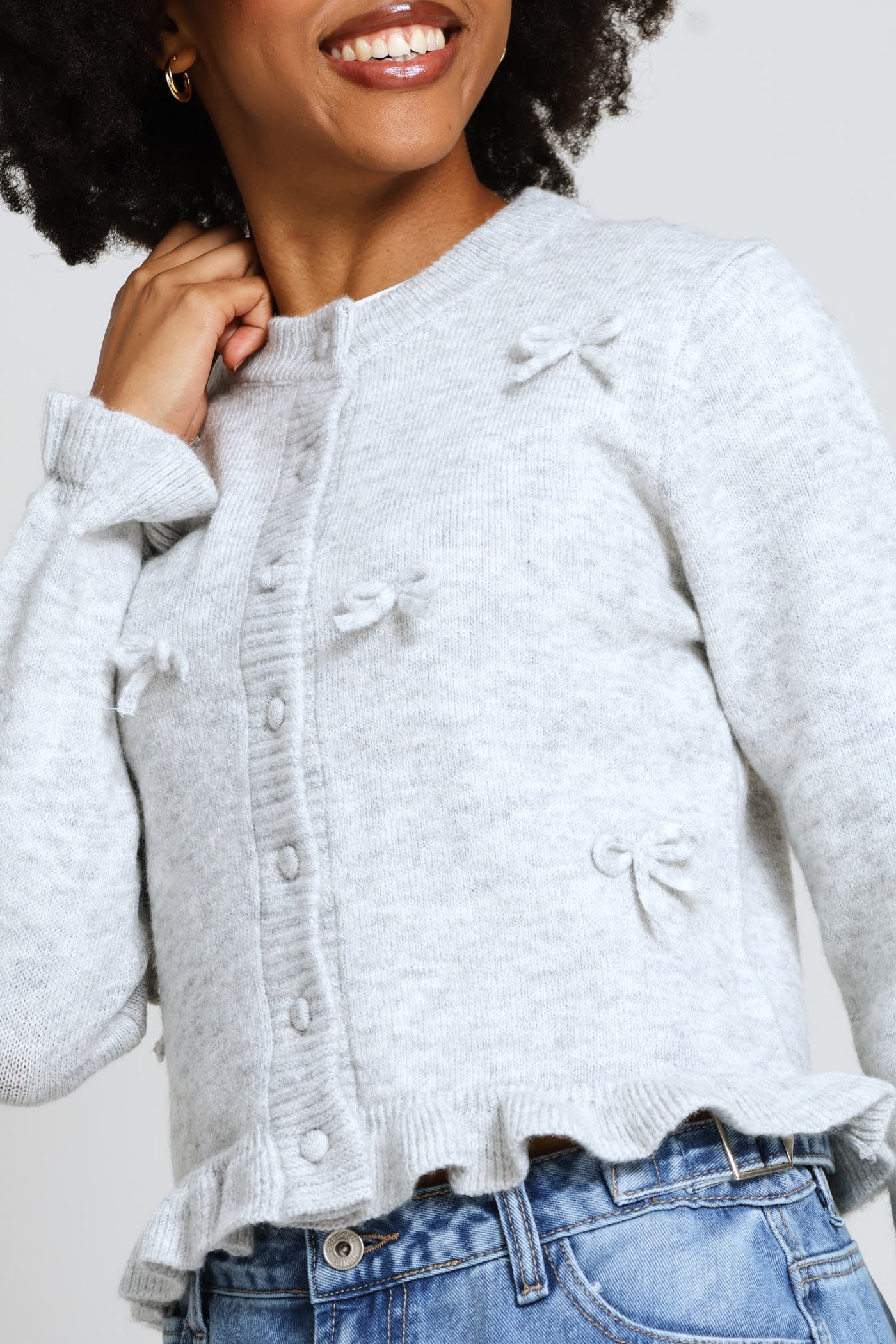 Frill & 3D Bows Crew Cardigan - Grey - Image 2