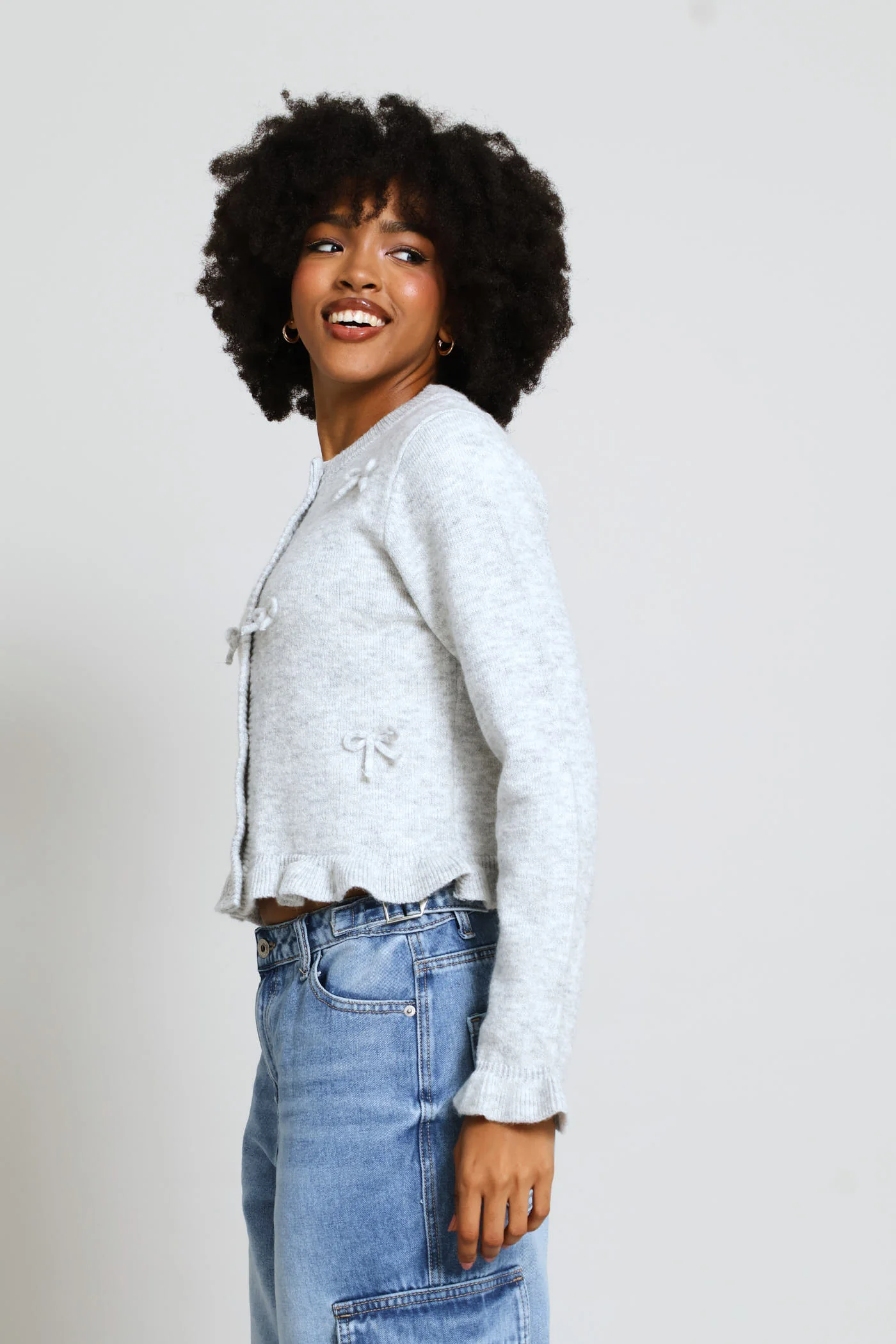 Frill & 3D Bows Crew Cardigan - Grey - Image 3