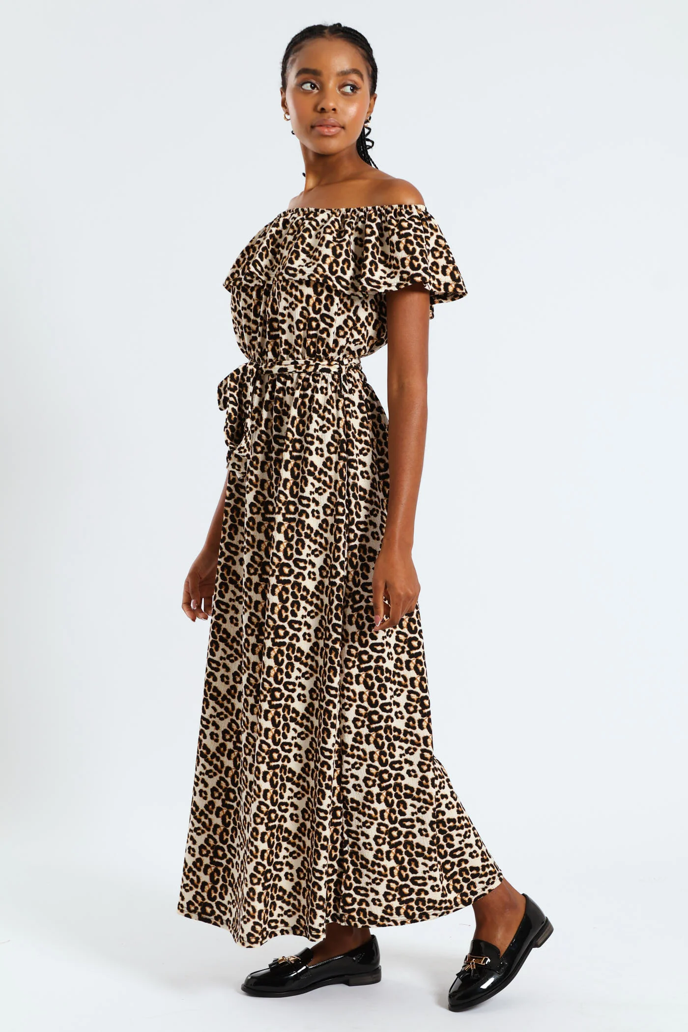Frill Bardot Self Belted Crinkle Midi Dress - Multi - Image 2