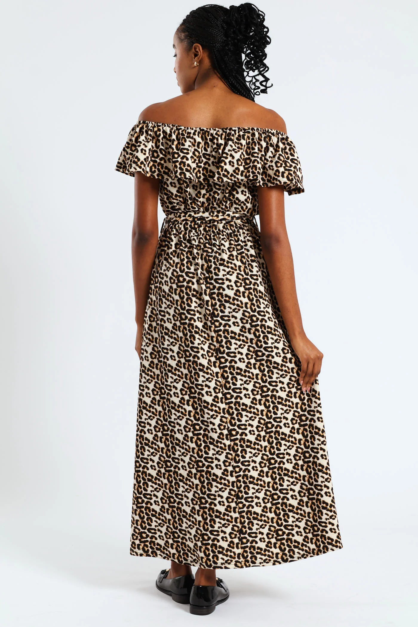 Frill Bardot Self Belted Crinkle Midi Dress - Multi - Image 3
