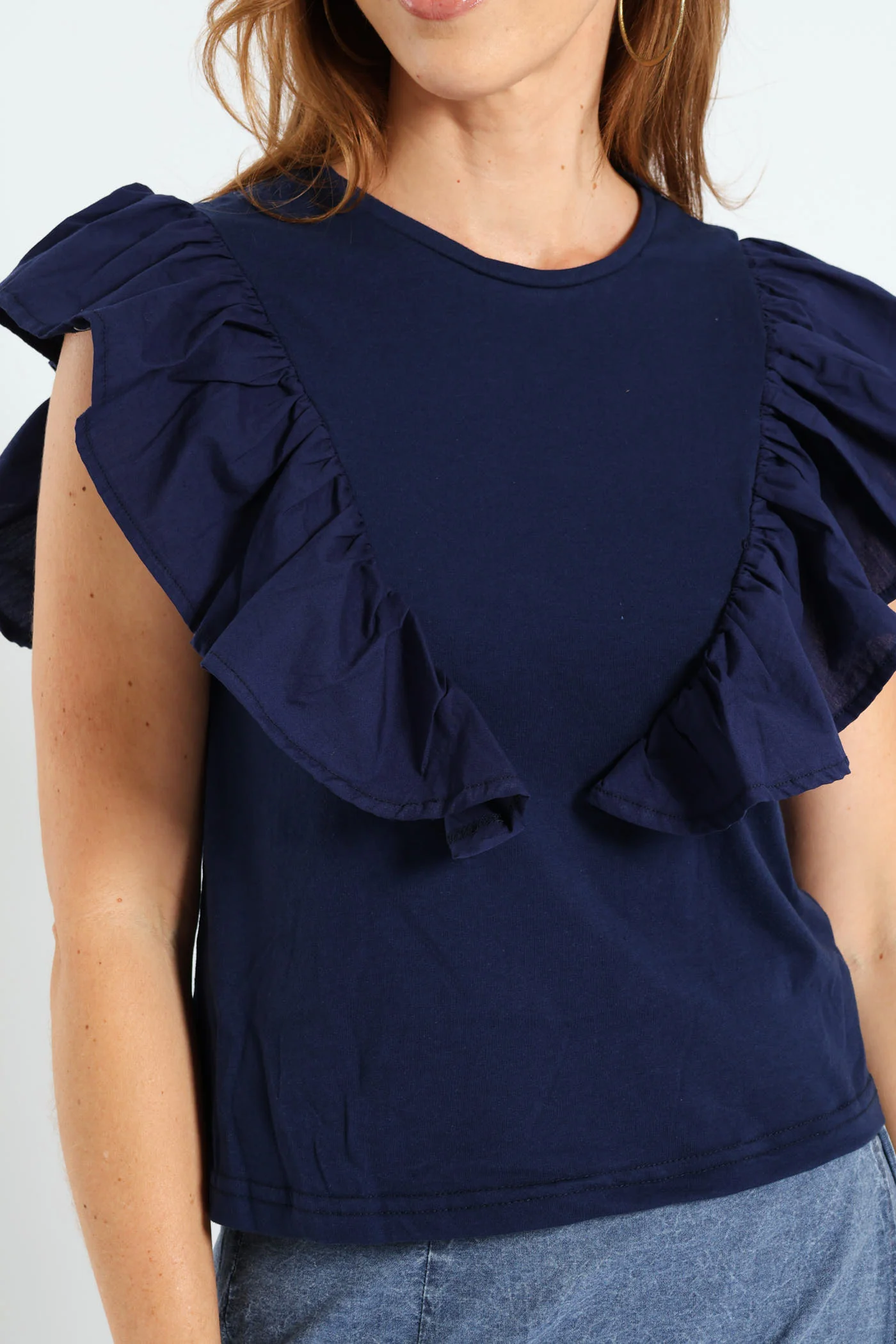 Frill Detail Boxy Combo Tee - Navy - Image 4